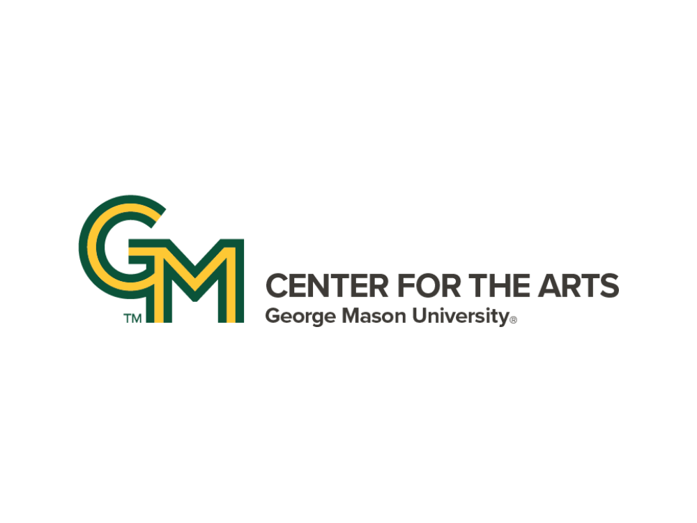 Logo of George Mason University's Center for the Arts with GM in stylized green and yellow letters and the text 'CENTER FOR THE ARTS George Mason University'
