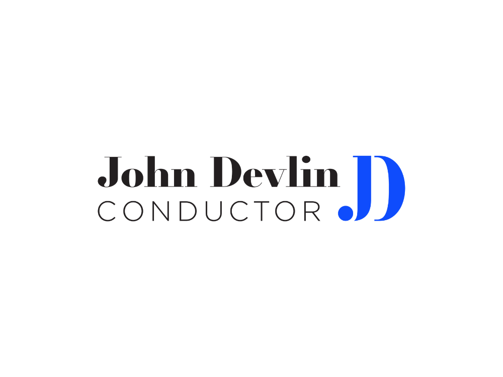 Logo for John Devlin, a conductor, with stylized initials JD in blue.