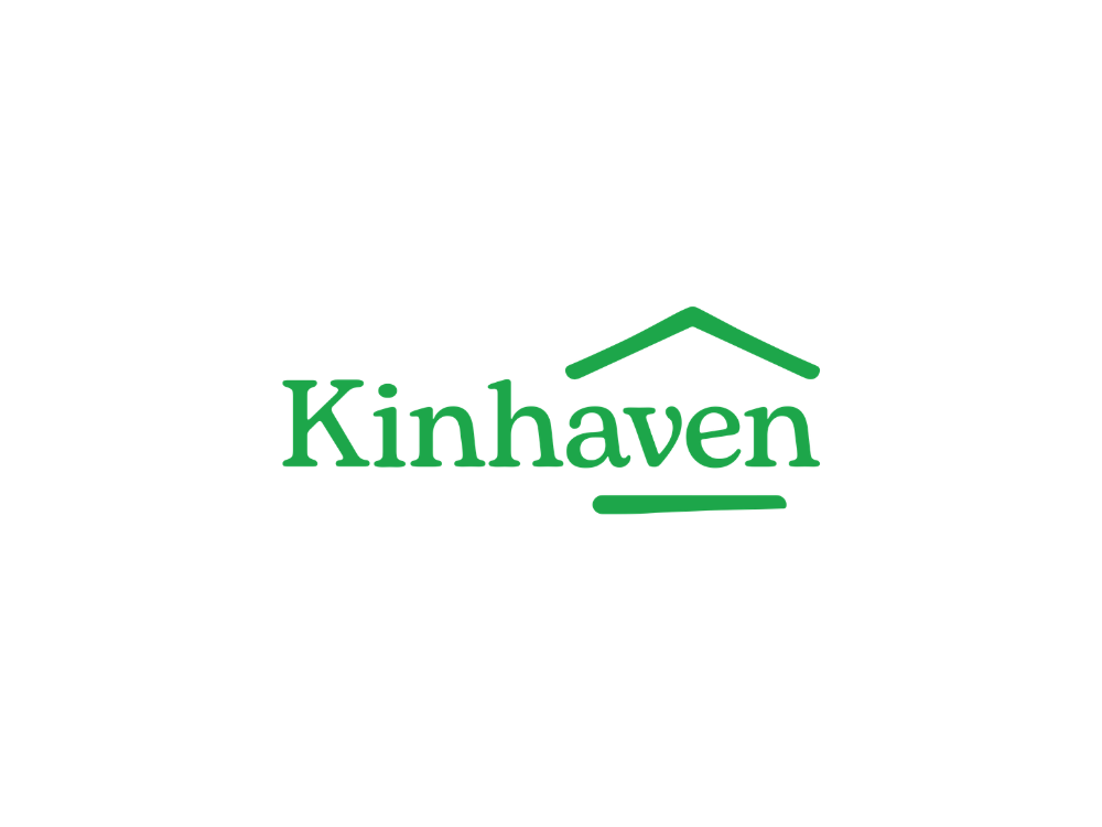 Logo for Kinhaven featuring a stylized house roof in green above the word "Kinhaven" in green letters.