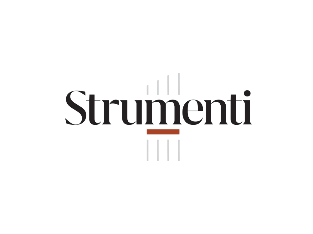 The logo for the brand 'Strumenti' with the brand name in black text, four vertical white lines above and below, and a horizontal red line beneath the text.