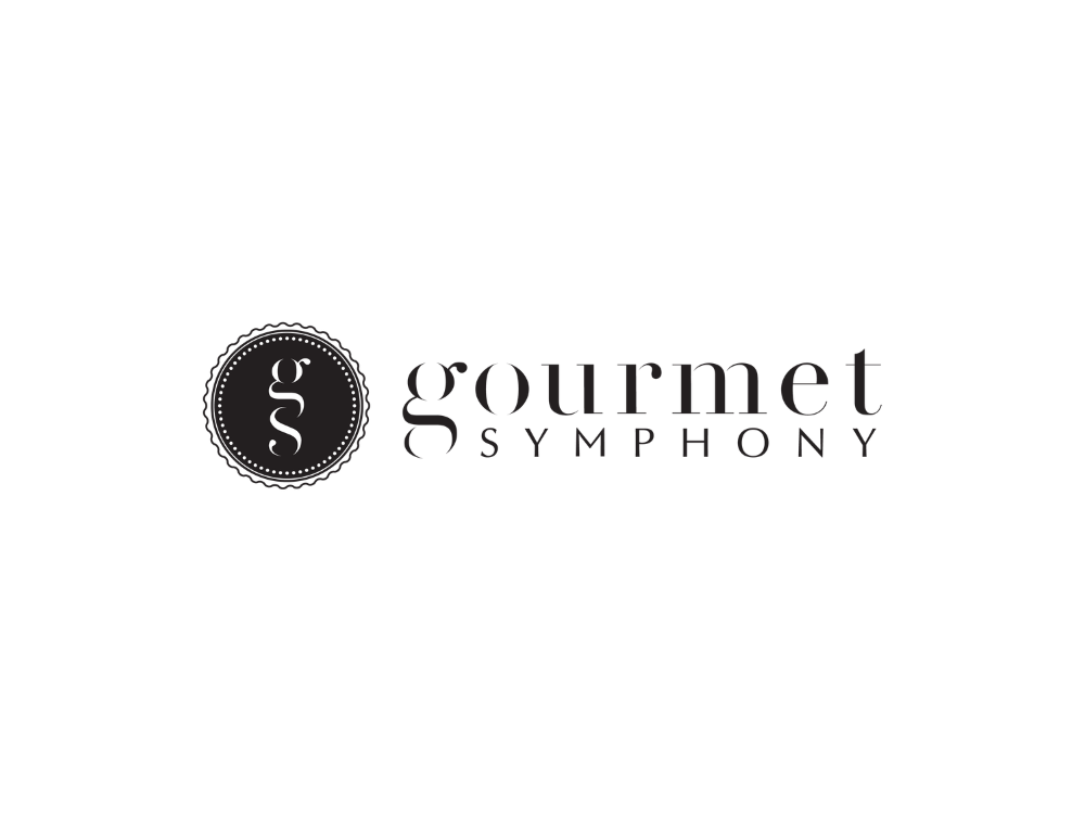 Logo for Gourmet Symphony featuring a circular emblem with an elegant lowercase 'g' and 's', and the words 'gourmet SYMPHONY' in a refined font.