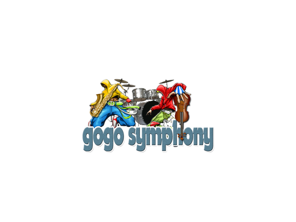 Cartoon characters playing musical instruments with the text 'Gogo Symphony'