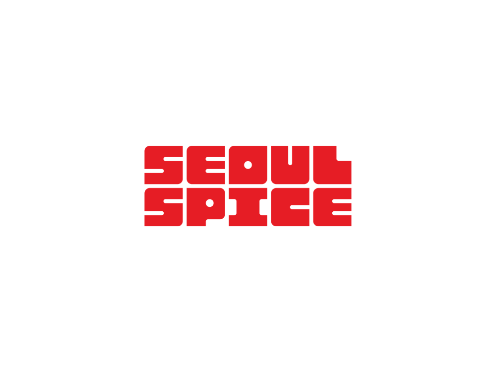 Red text with a black background that says 'Seoul Spice' in stylized block letters.