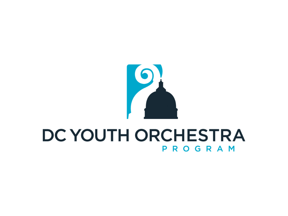 Logo for DC Youth Orchestra Program featuring a stylized capitol building silhouette with a musical swirl in the background.