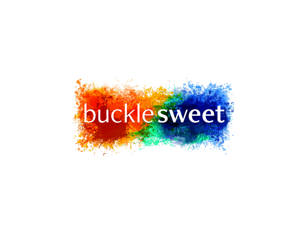 Colorful splash of paint with the text 'buckle sweet' in white and black font.