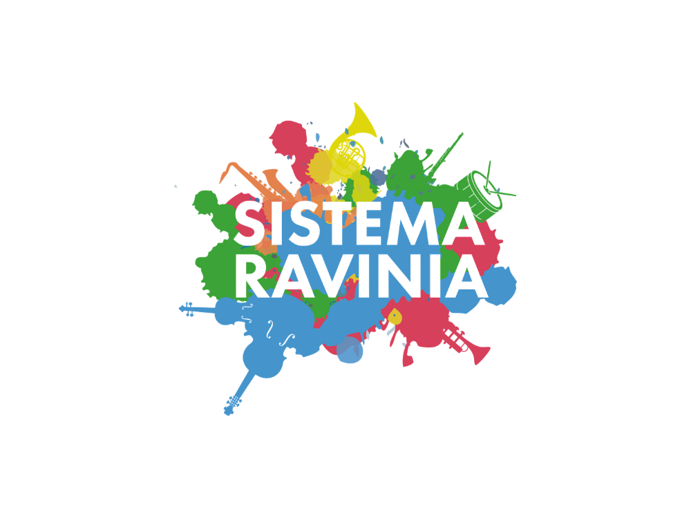 Colorful illustration of various instruments surrounding the words 'Sistema Ravinia'