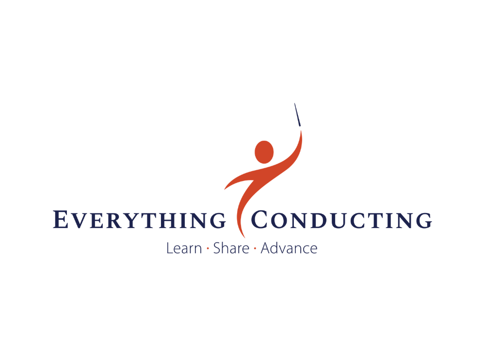 Logo for Everything Conducting featuring a stylized figure conducting with a baton, with the tagline 'Learn Share Advance'.