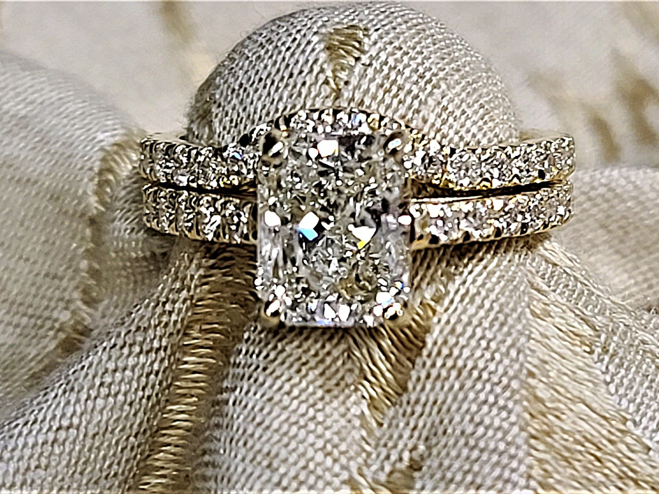 Radiant cut eternity wedding set