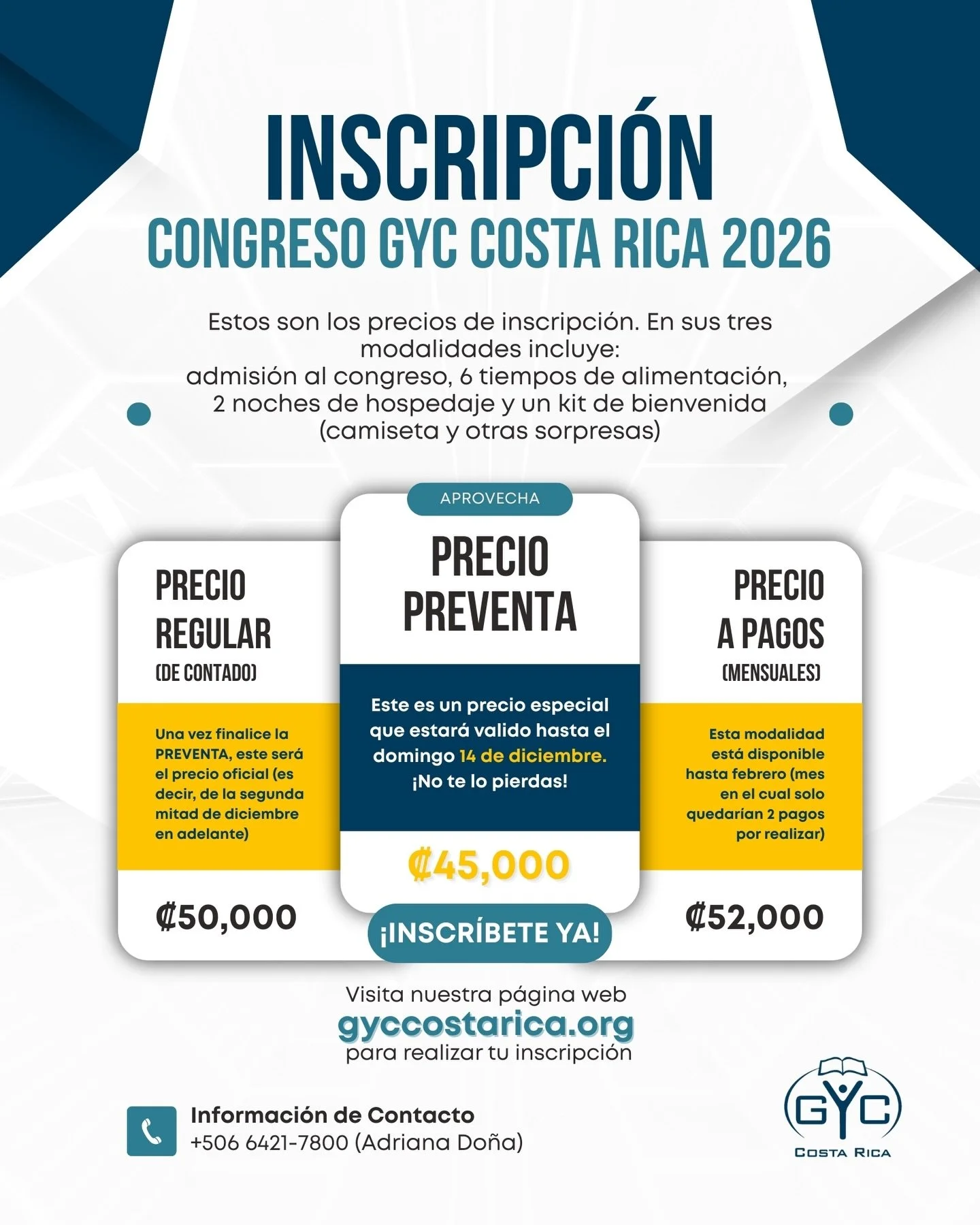 ⚡️Aprovecha esta opci&oacute;n de inscribirte a nuestro congreso a un  excelente precio. 

Es una oportunidad que no volver&aacute;. &iexcl;No te la pierdas! 🙌🏻

#EnEstoPensad #CongresoGYC2026 #generaciondejovenesparacristo