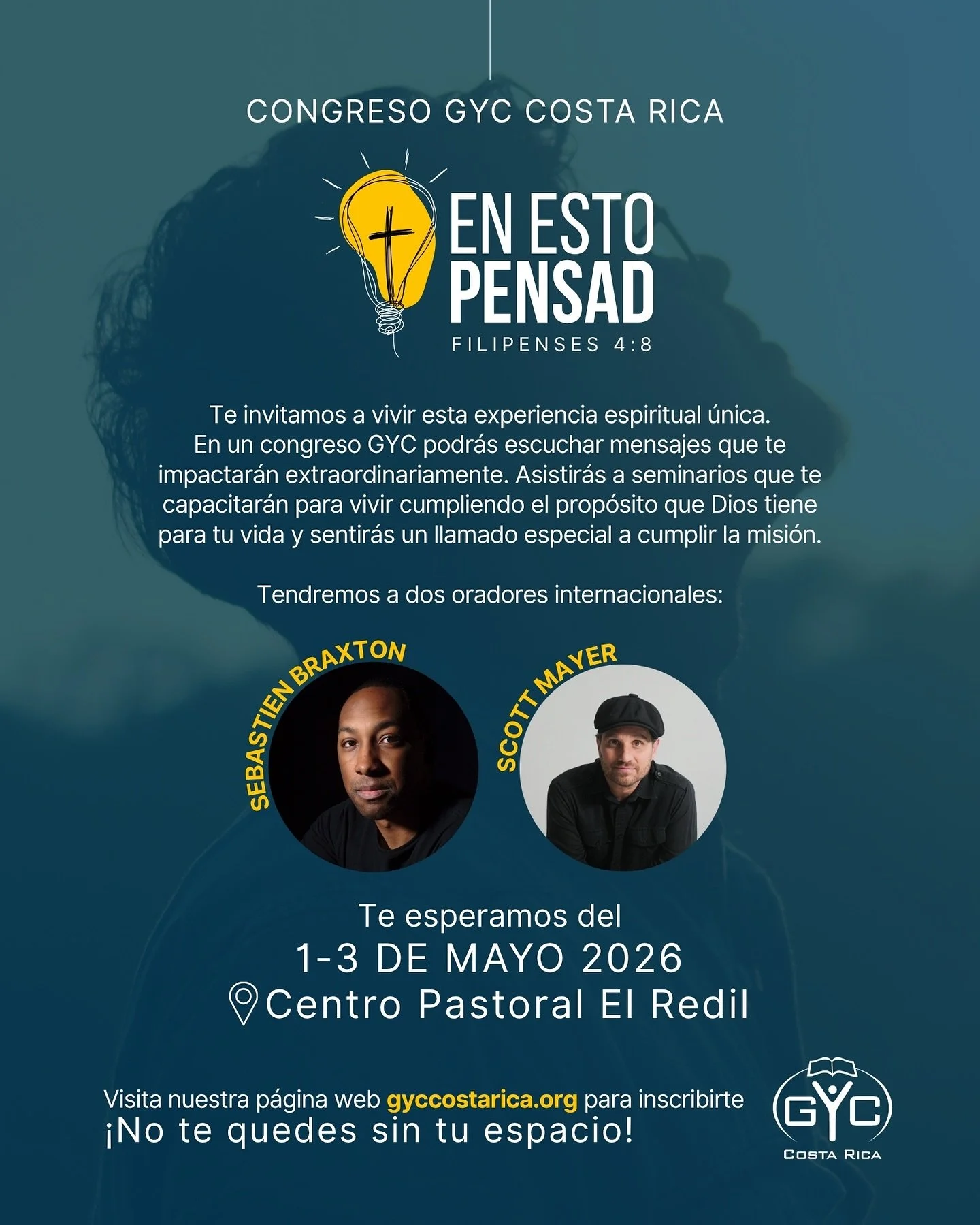 Comparte esta imagen con aquellos a quienes quieras ver en el Congreso de GYC 2026 🫶🏻 

Difunde esta invitaci&oacute;n y ora por este evento de forma especial 🙏🏻 &iexcl;no te lo pierdas! 

#EnEstoPensad #CongresoGYC2026 #generaciondejovenesparacr