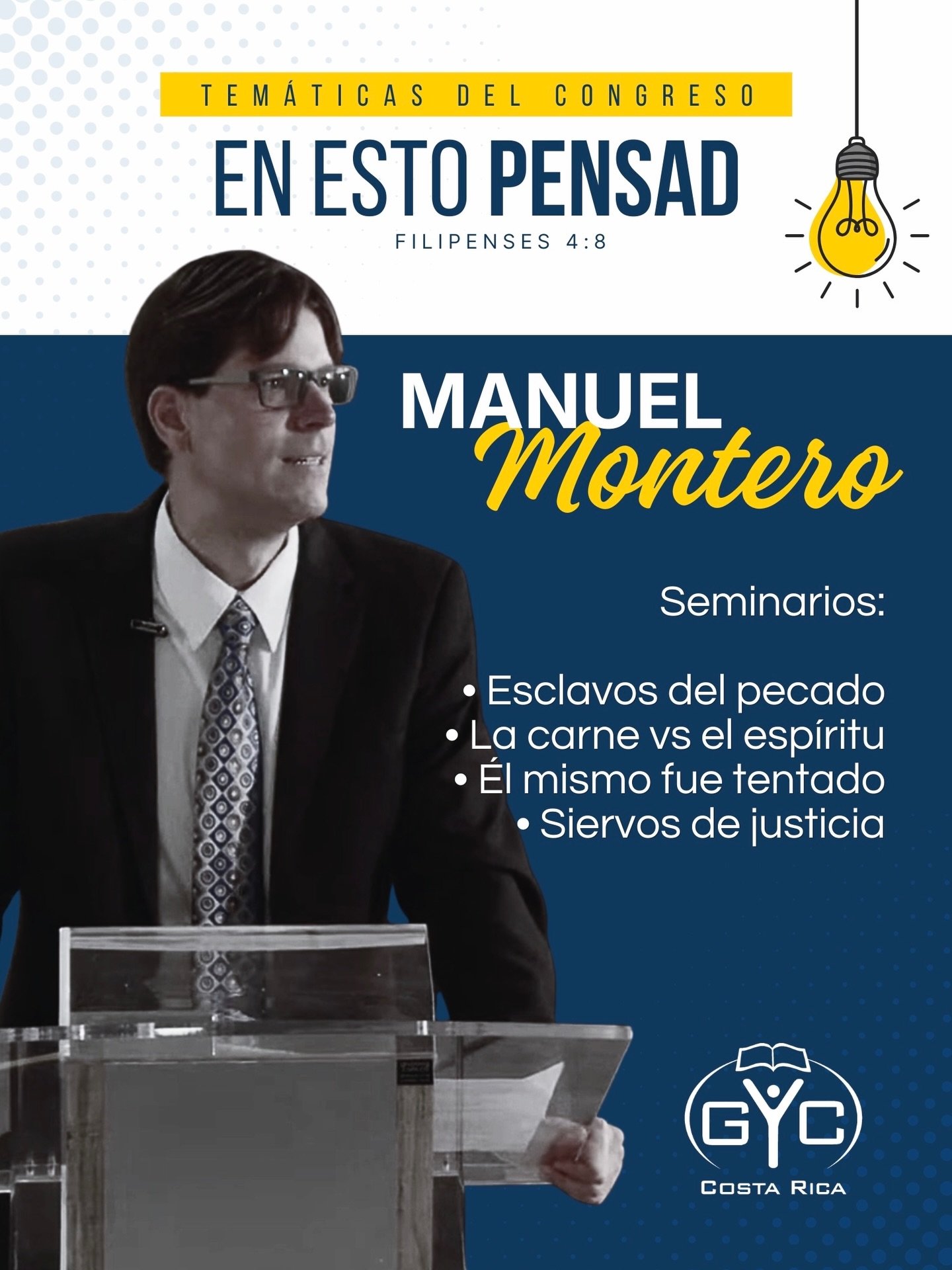 ‼️👉🏻 A continuaci&oacute;n te compartimos los temas que va a impartir nuestro orador el Dr. Manuel Montero en nuestro Congreso &ldquo;En Esto Pensad&rdquo;:

1. Esclavos del Pecado
2. La Carne vs el Esp&iacute;ritu
3. &Eacute;l mismo fue tentado
4.