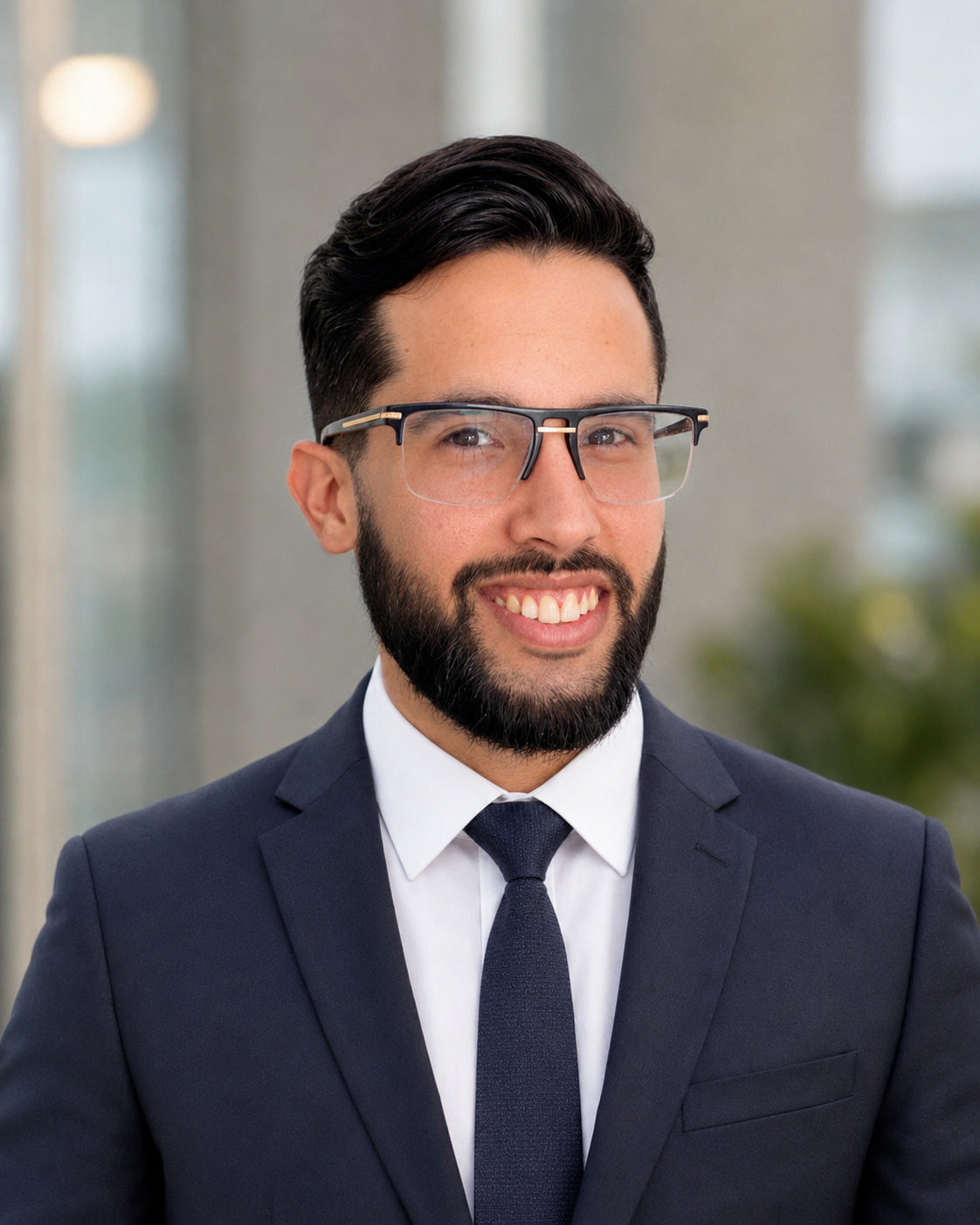 Smiling person with glasses in blue suit jacket and white shirt