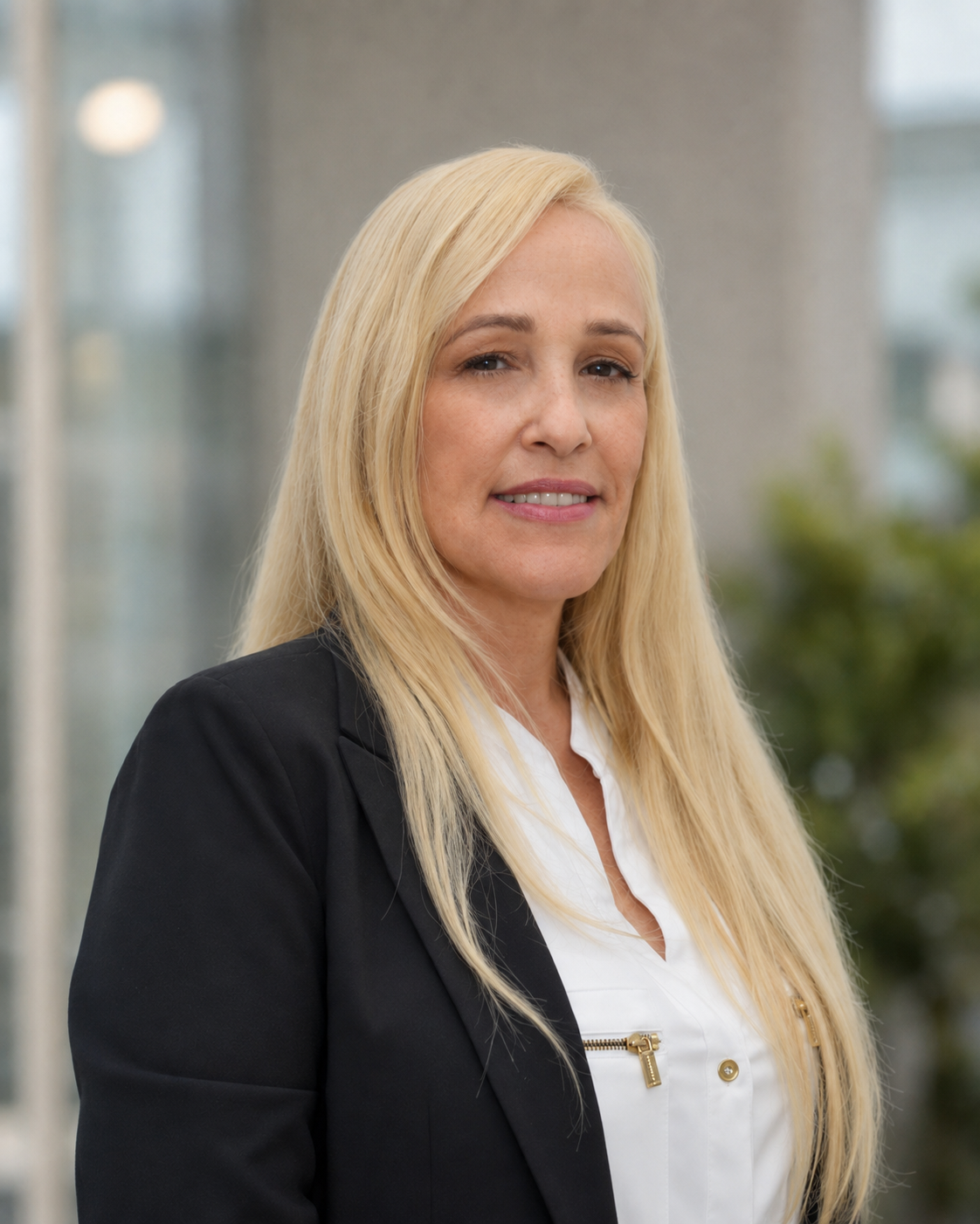 Woman with long blonde hair wearing a black blazer and white shirt.