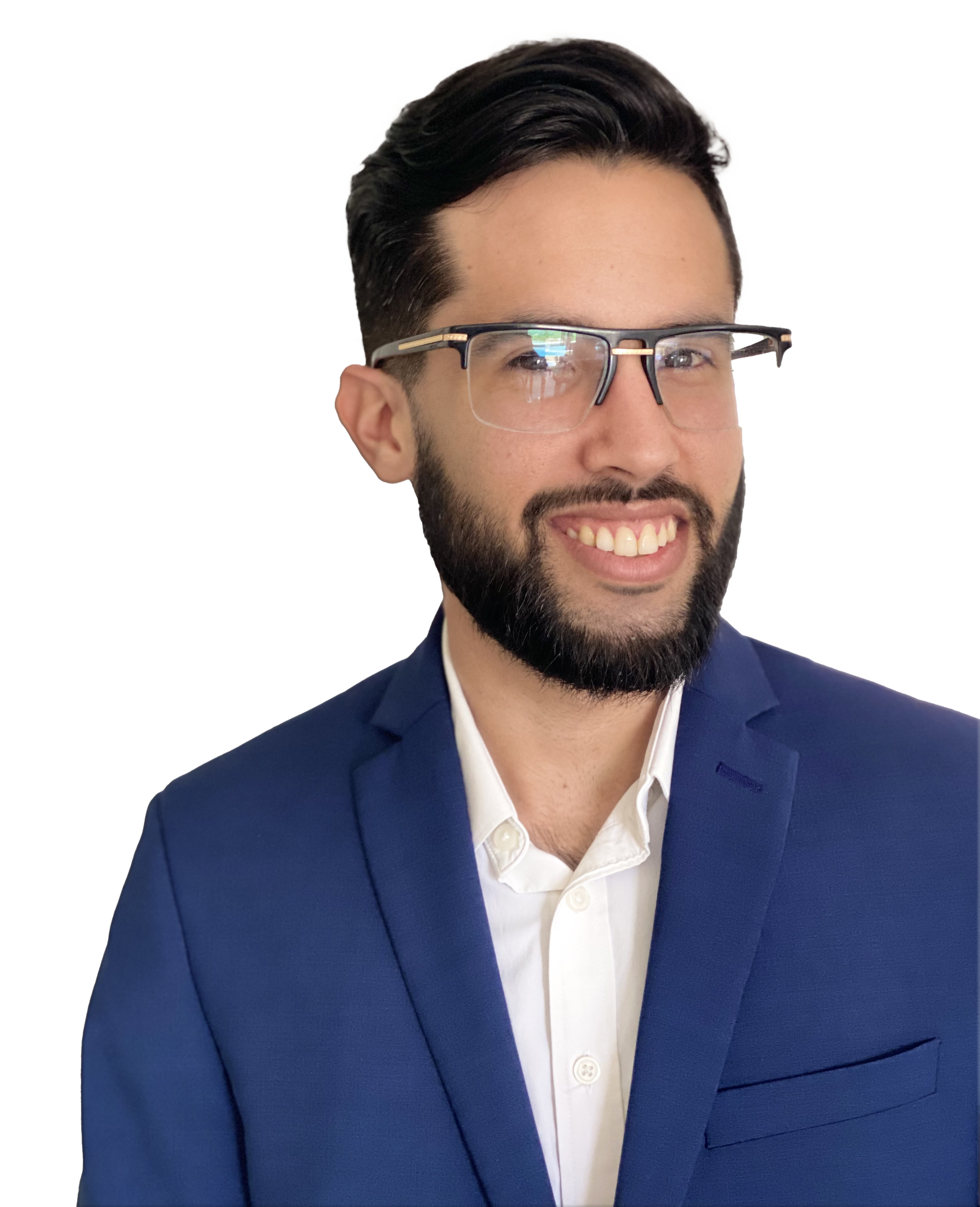 Smiling person with glasses in blue suit jacket and white shirt