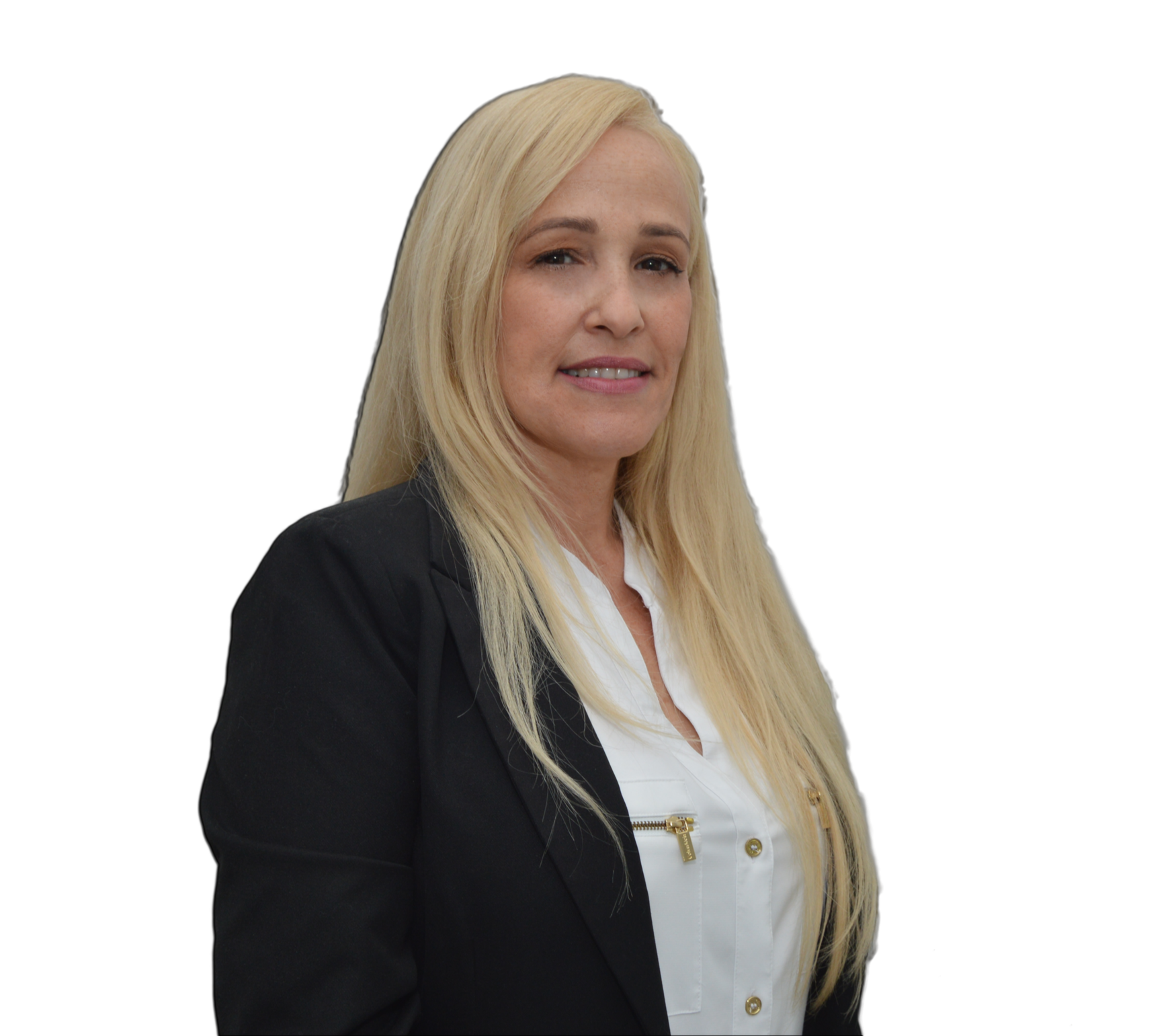 Woman with long blonde hair wearing a black blazer and white shirt.