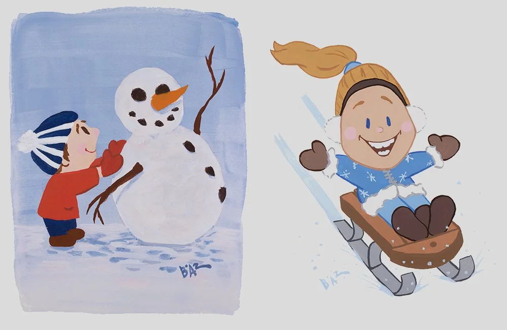 Winter Snow Snowman Sledding kids acrylic gouache painting character