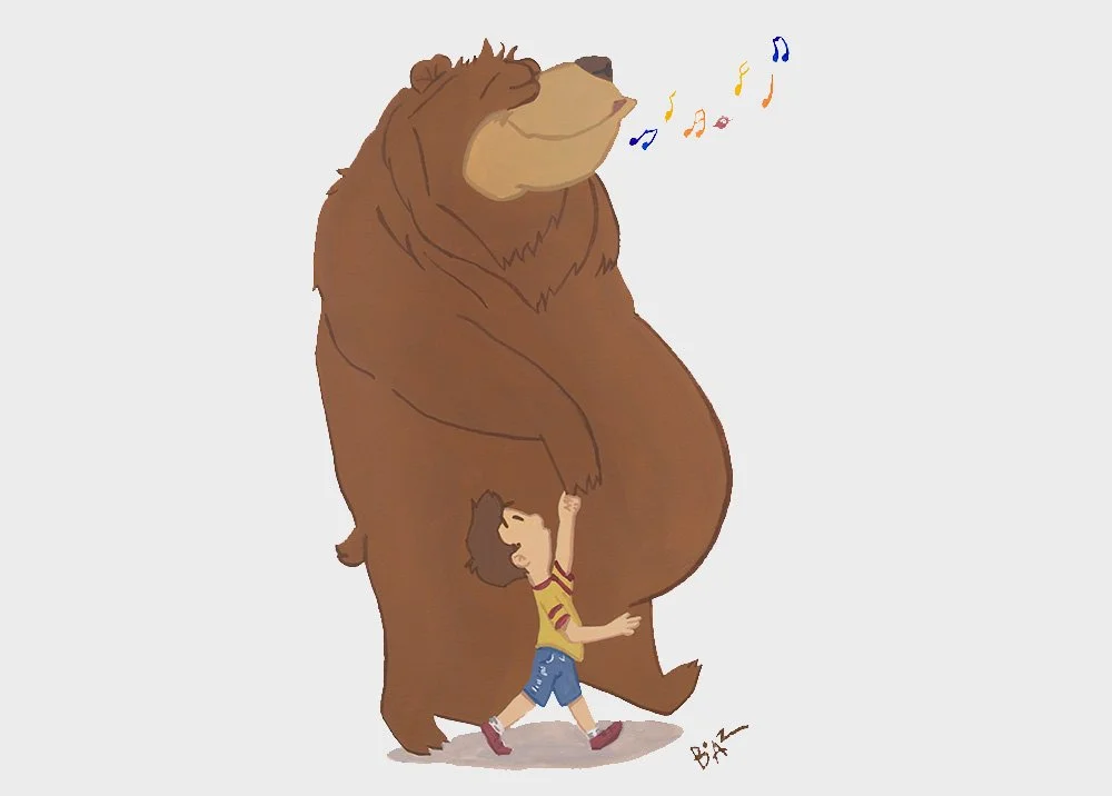 Boy Bear Whistling children book gouache painting