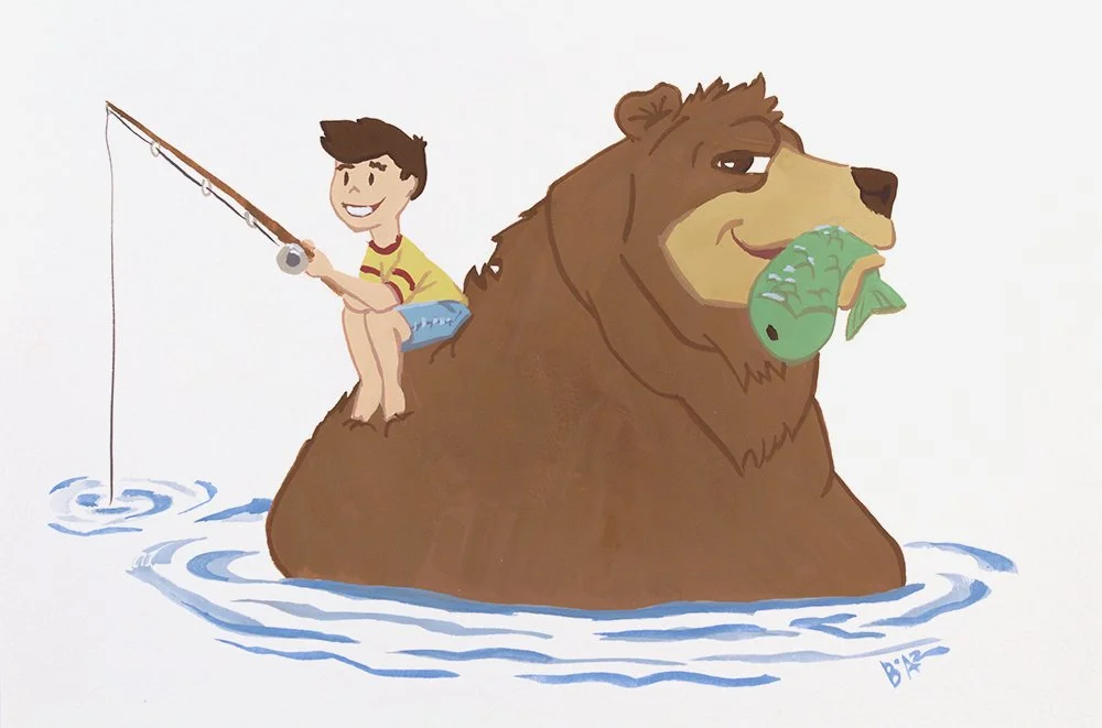 Boy Bear Fishing children book gouache painting