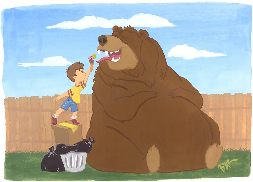 Boy Bear Ice Cream Backyard children book gouache painting