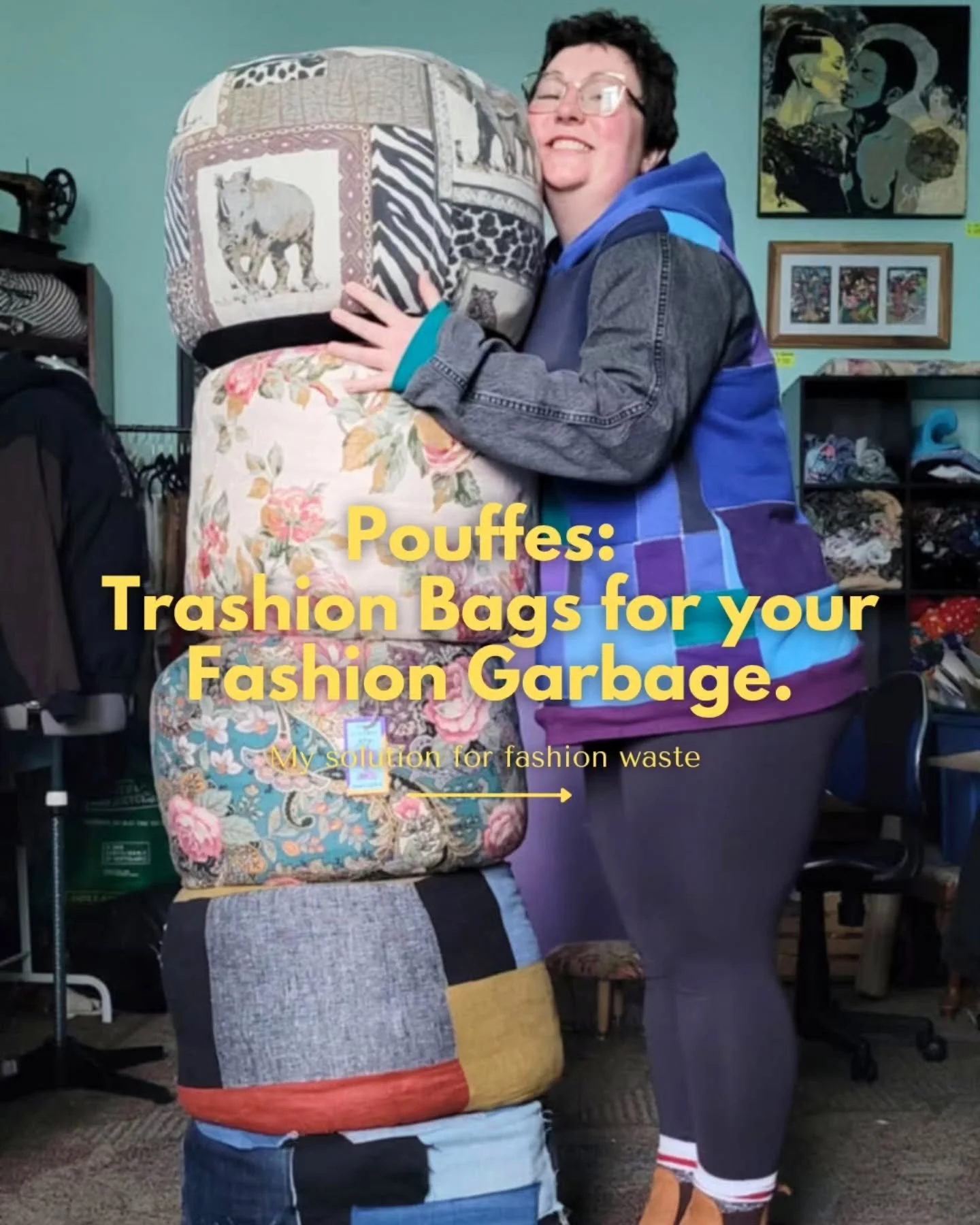 PUT IT IN A POUFFE!

What do you do with that single sock bag by the dryer, their partner is gone forever. It's time to accept that. 

What about old grungey bras, undies, Leggings, Activewear, Pajamas, towels, bedding, or baby clothes?!

Instead of 