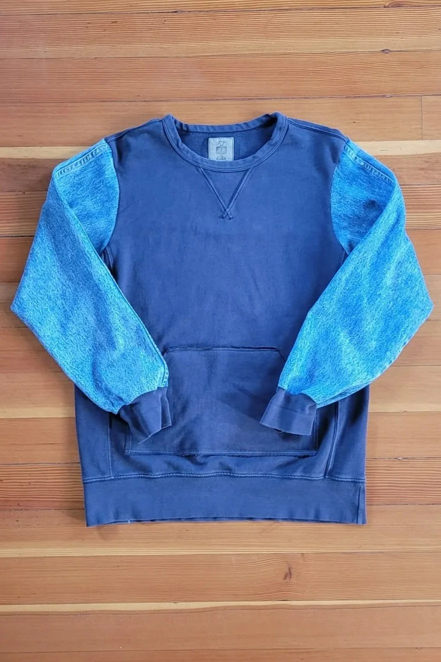 Grey & Blue Denim Sleeve Crew - Large - $110