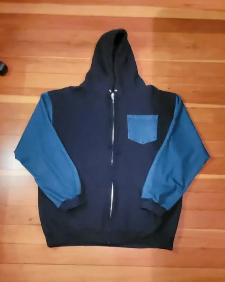 Navy Zip Blue Denim Sleeve Hoodie - XXL - $95