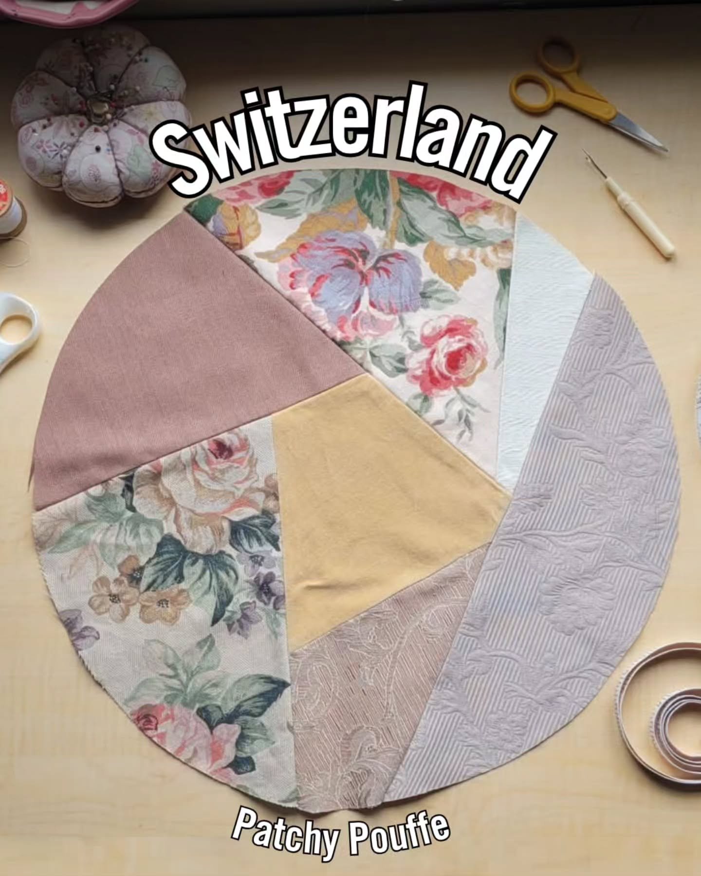 SWITZERLAND patchy pouffe shells are made with muted neutrals like beige, gray, brown, off-white, and desaturated colours like dusty rose and buttermilk yellow. These patchy pouffes will be made from available scrap fabric in this colour palette at t
