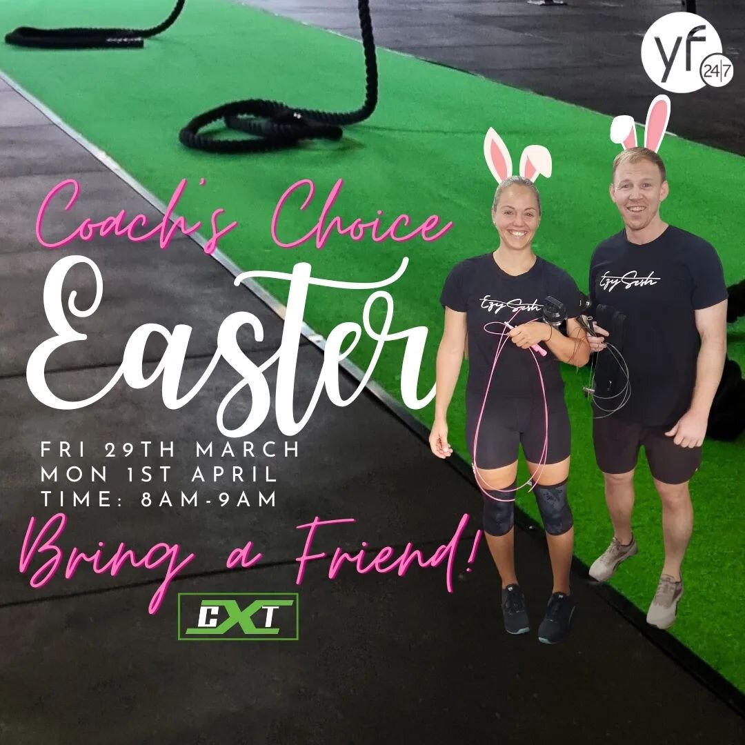 Easter Monday &amp; Friday🐰🩷

We'll be running 8am-9am CC session🔥

Feel free to Bring a Friend over these two days to share the fun. Both workouts will be partnered, so find a friend you would like to train with🤜🏽🤛🏽

Saturday will be for our 