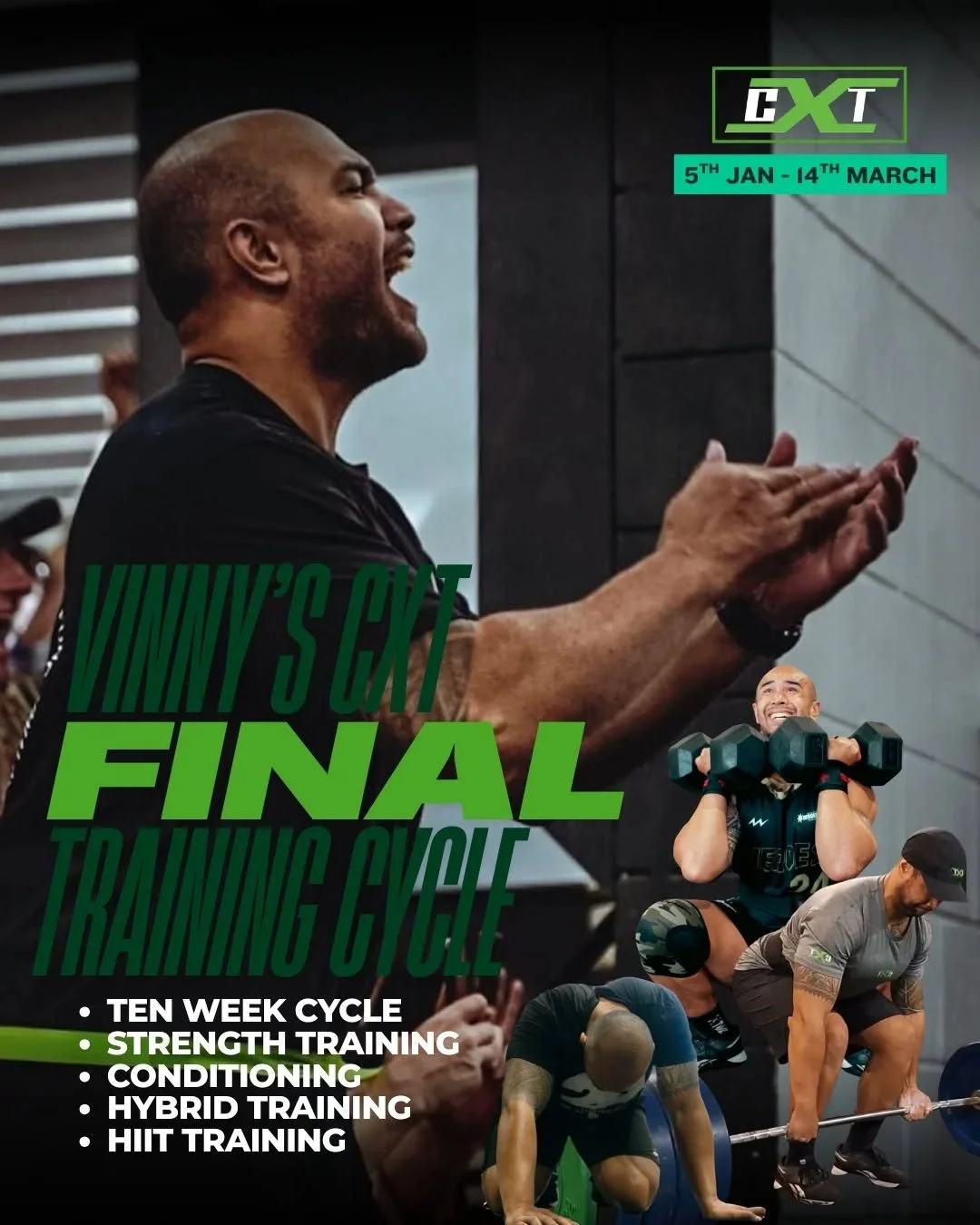 VINNY&rsquo;S CXT &ndash; FINAL TRAINING CYCLE💚
(January 5th - March 14th)

This 10-week training cycle will be my final cycle at CXT before my family and I make the move interstate.

While this change hasn&rsquo;t been easy, it&rsquo;s the right mo