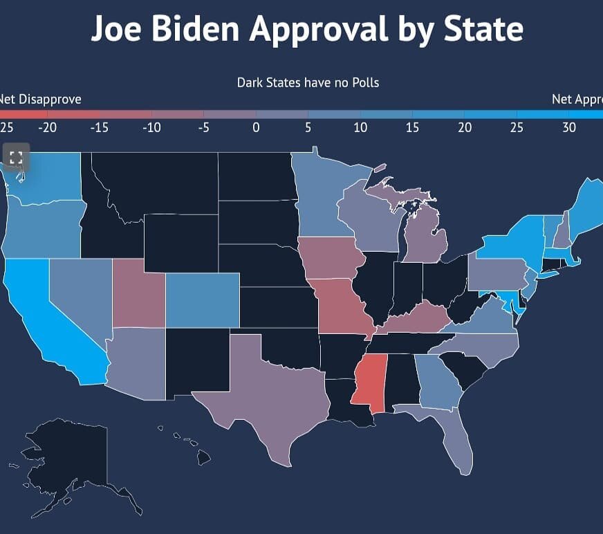 Texans are split almost down the middle on Joe Biden in the Biden approval rating map, which show the latest level of support for the President in every state at RacetotheWH.com/biden