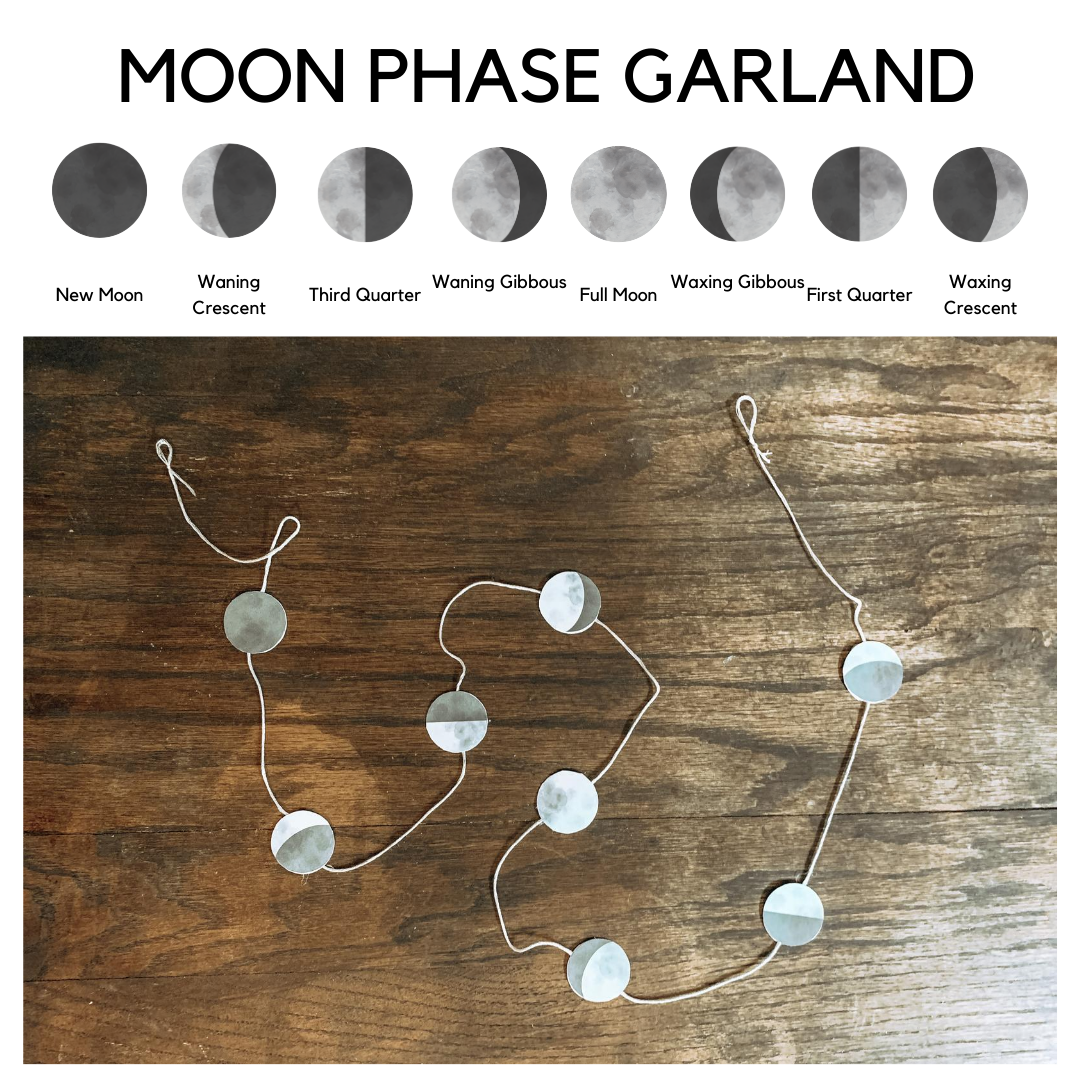 Moon phase garland craft with hand-painted watercolor moon phases Montessori printable by Liza Dora Books