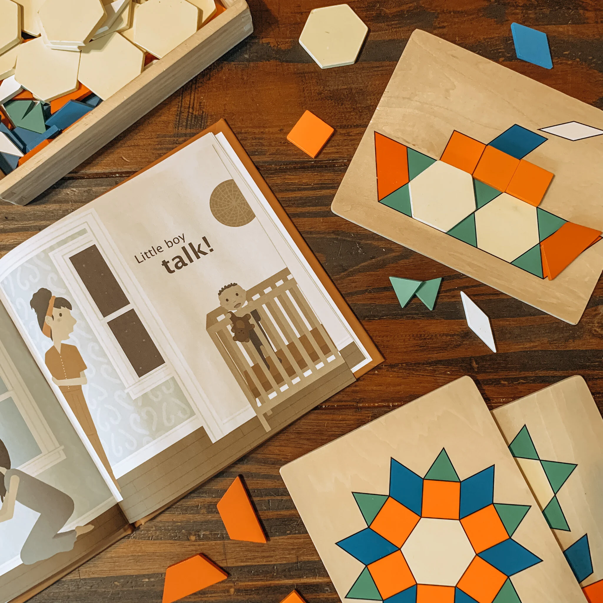 Montessori shelf setup for preschool learning environment with organized educational materials