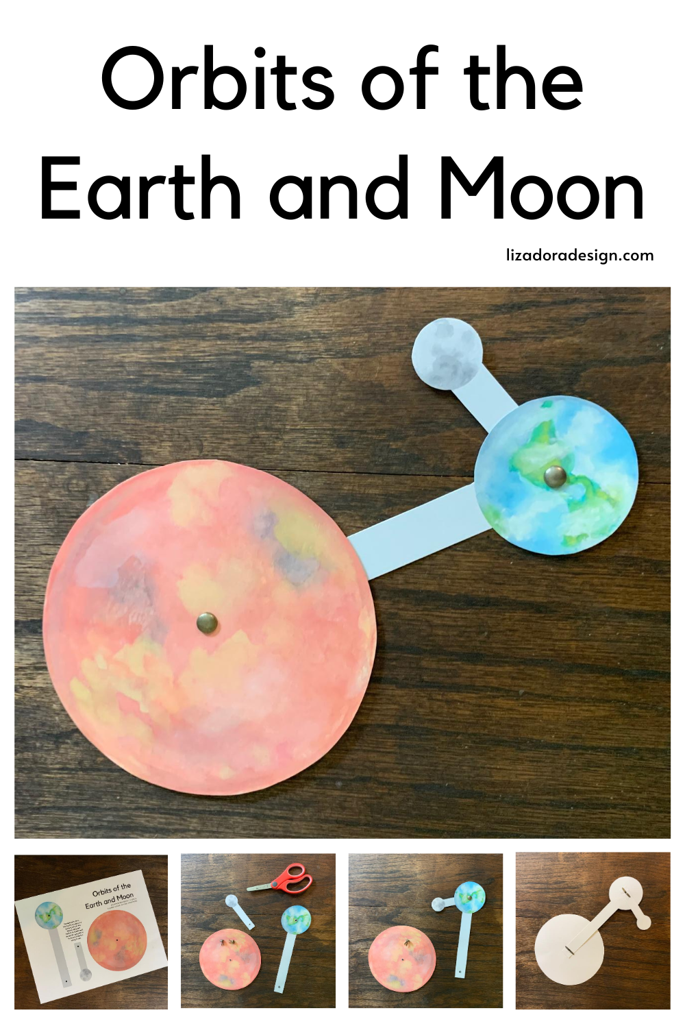 Hand-painted watercolor step-by-step orbits of Earth and Moon STEM project printable and Pinterest pin by Liza Dora Books
