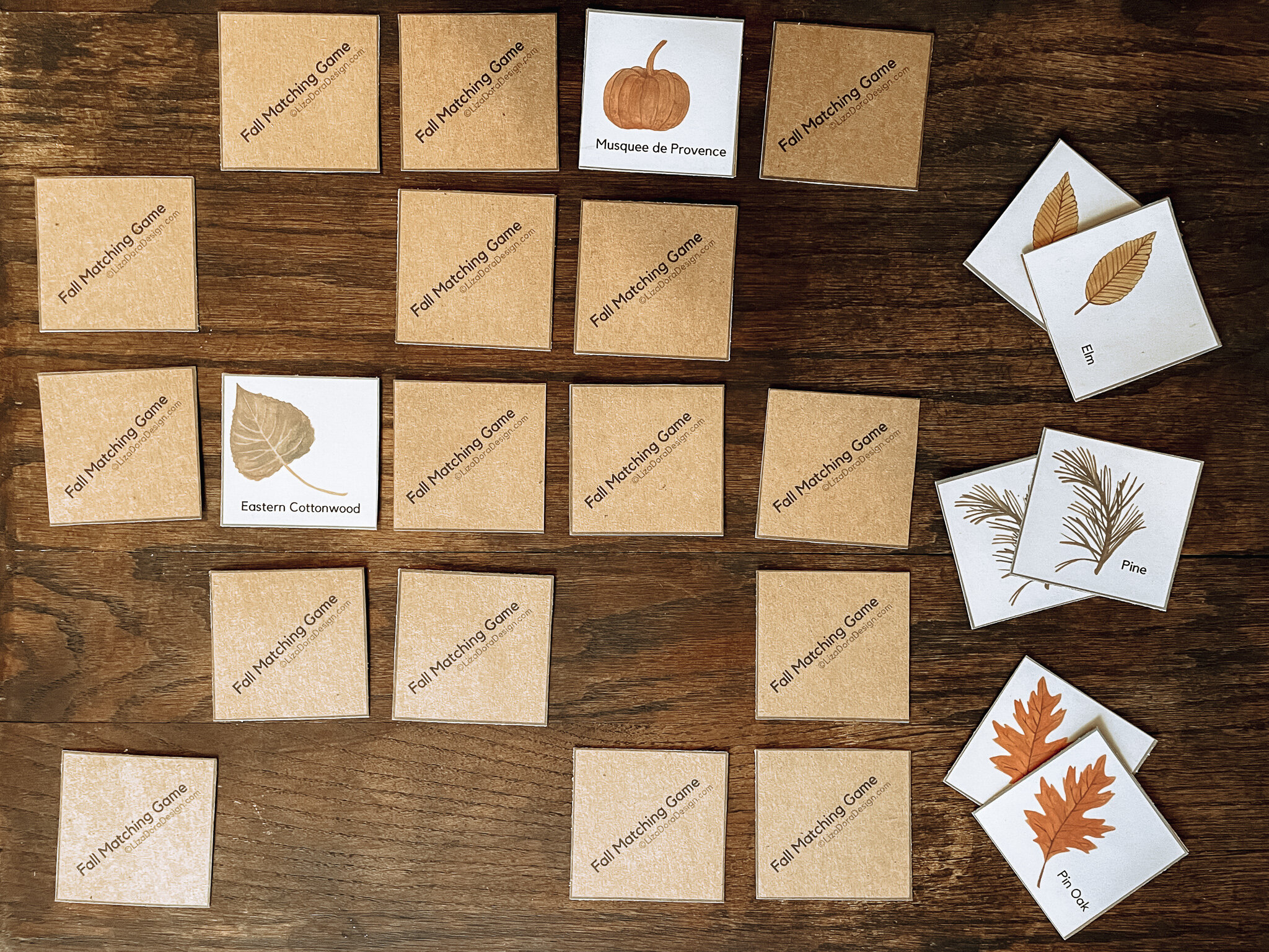 Fall matching game craft for preschoolers with hand-painted watercolor autumn images by Liza Dora Books