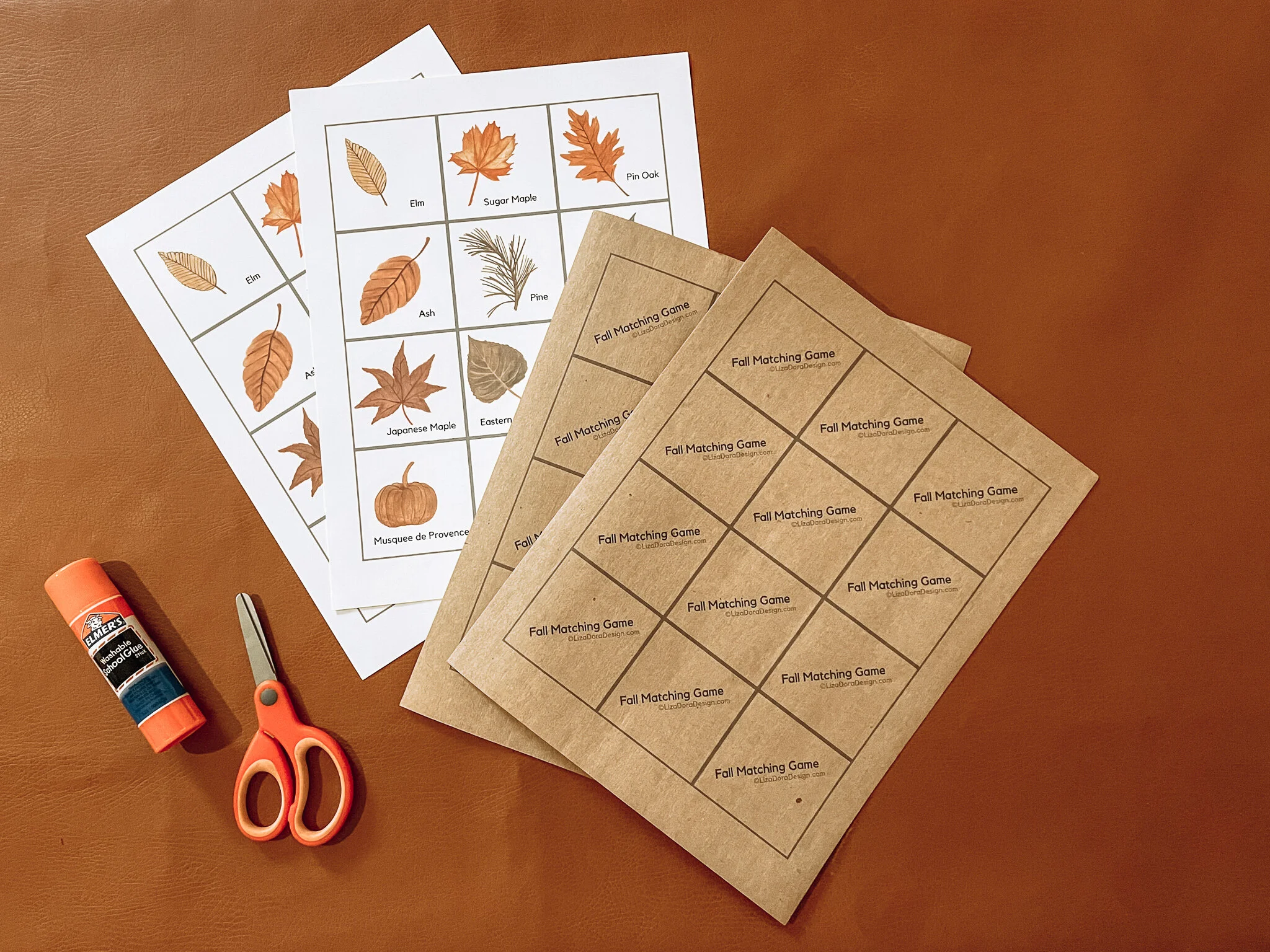 Fall matching game pieces with watercolor pumpkins and leaves printable cards