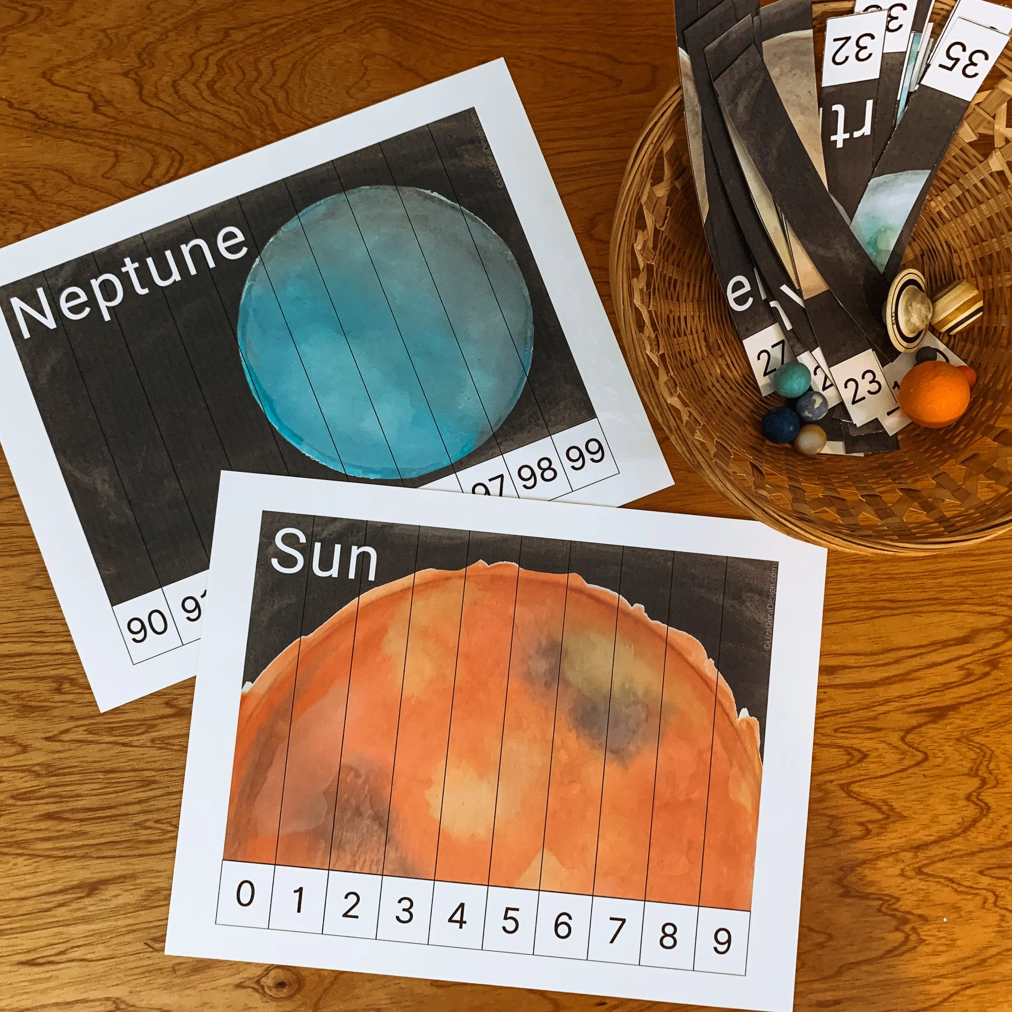 Hand-painted watercolor solar system printables with Neptune and Sun counting activities for homeschool