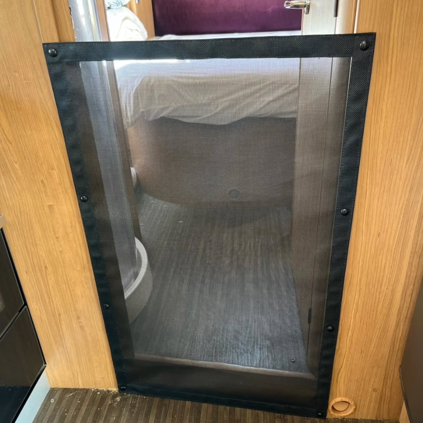 We added a custom mesh insert to this caravan to keeps pets safely out of the bed area while still allowing airflow.

#caravanlifeaustralia #petfriendlytravel #eyreupholsterers #eyrepeninsula