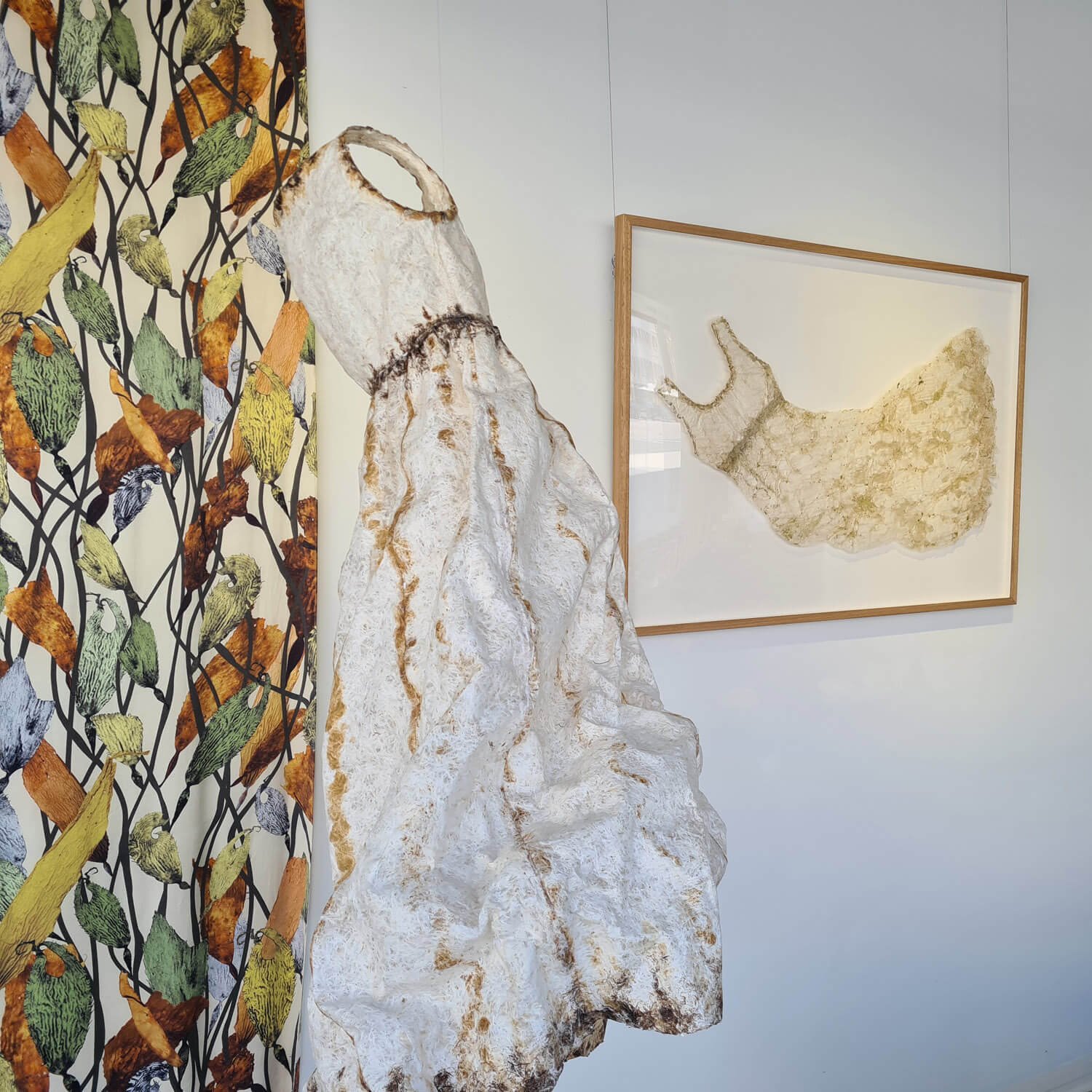 fabric by Deborah Wace, seaweed paper artwork by Catherine Stringer