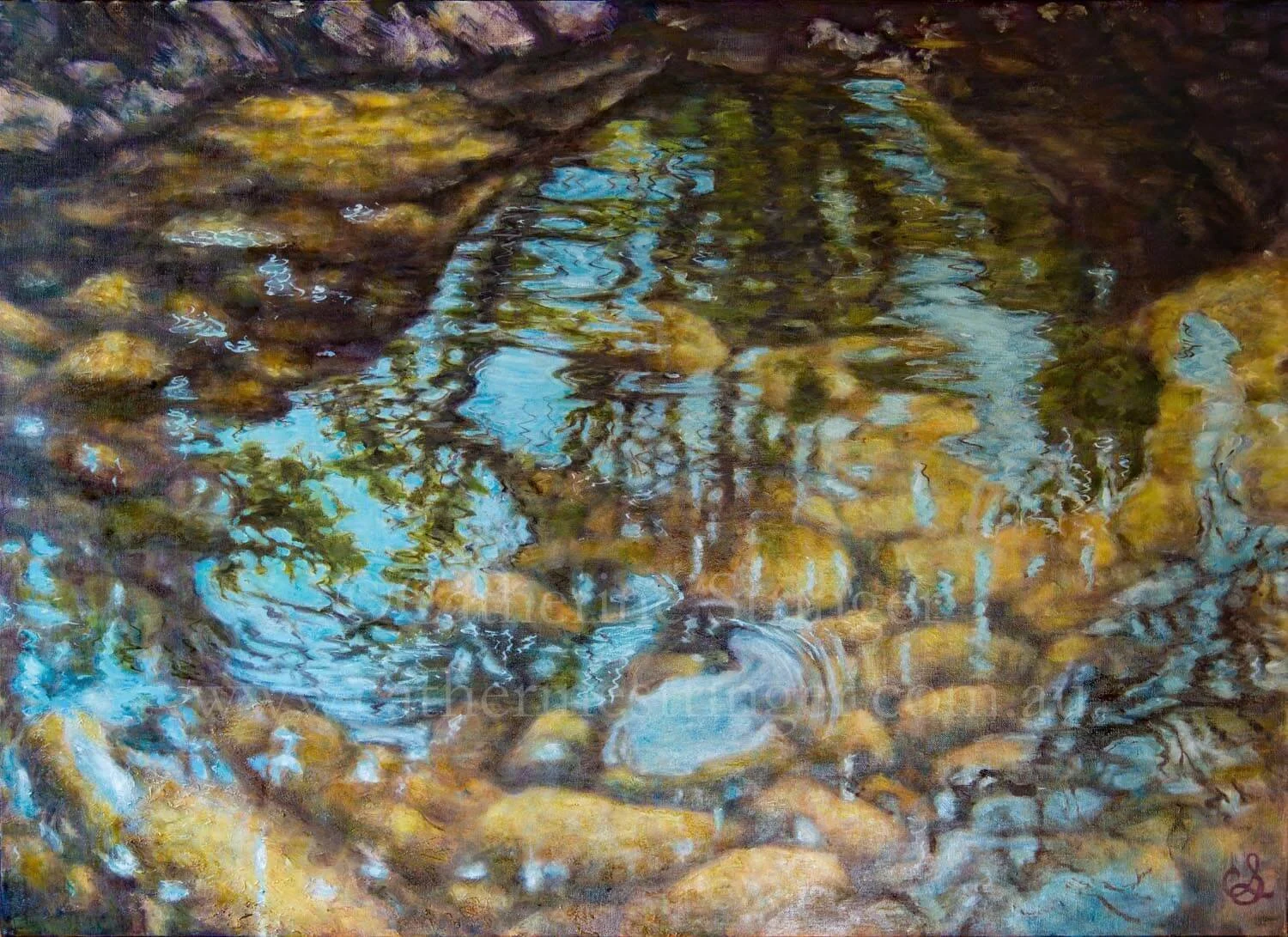 painting of reflections in small Tasmanian creek