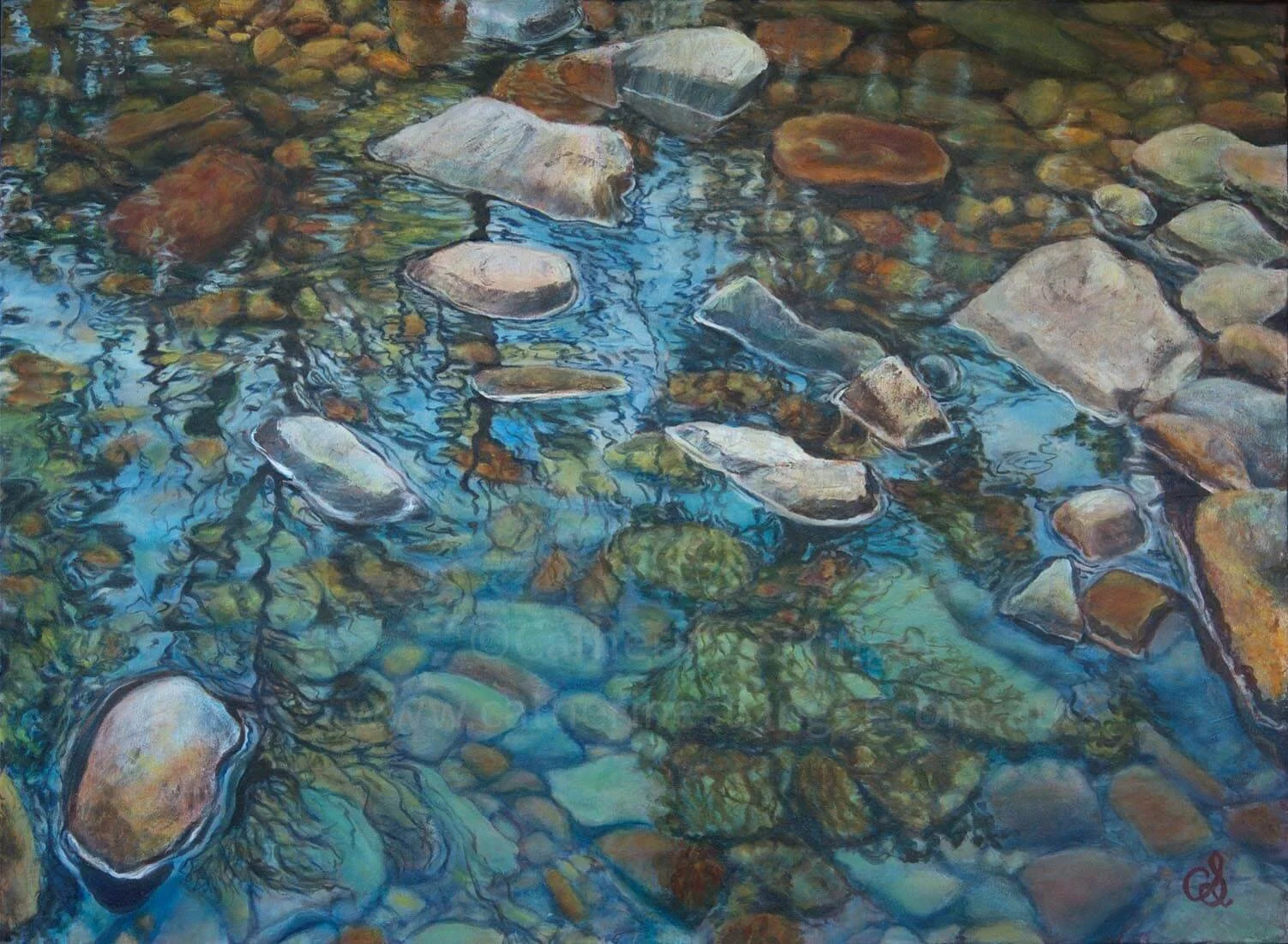 reflections on still river surface