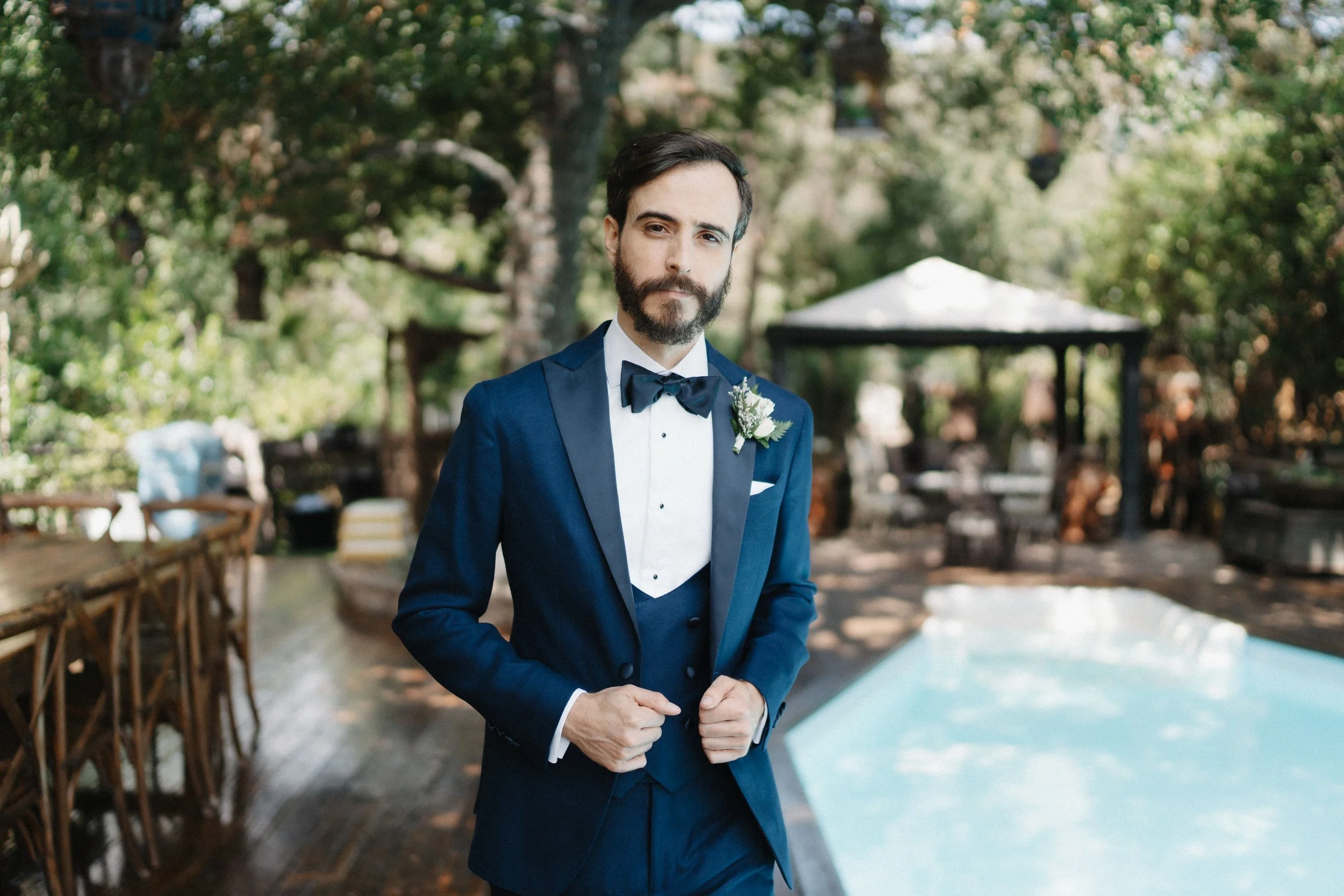 Justin’s Blue Tuxedo: Classic Satin Lapels, Contemporary Waistcoat Detail