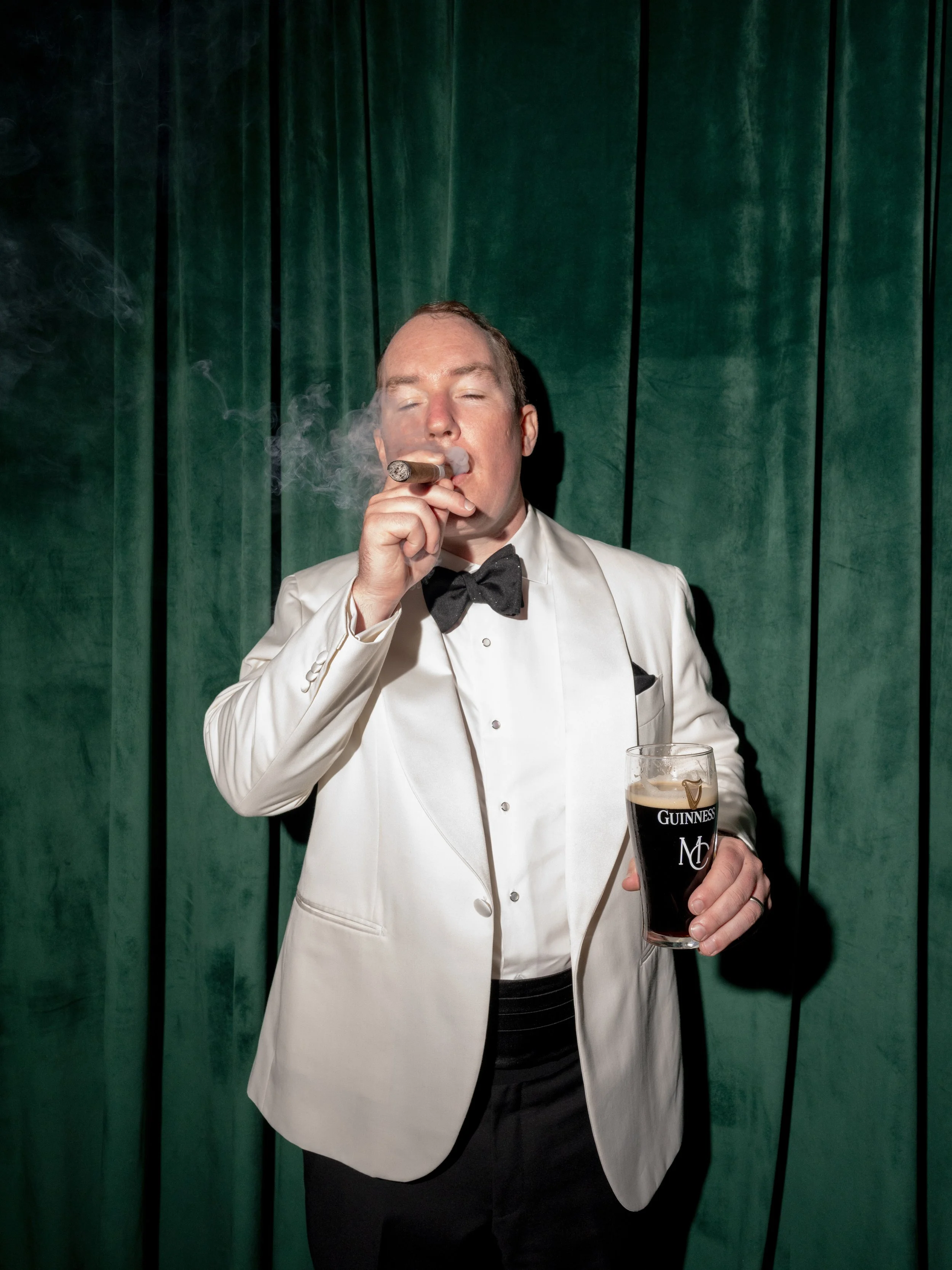 white dinner jacket wedding client