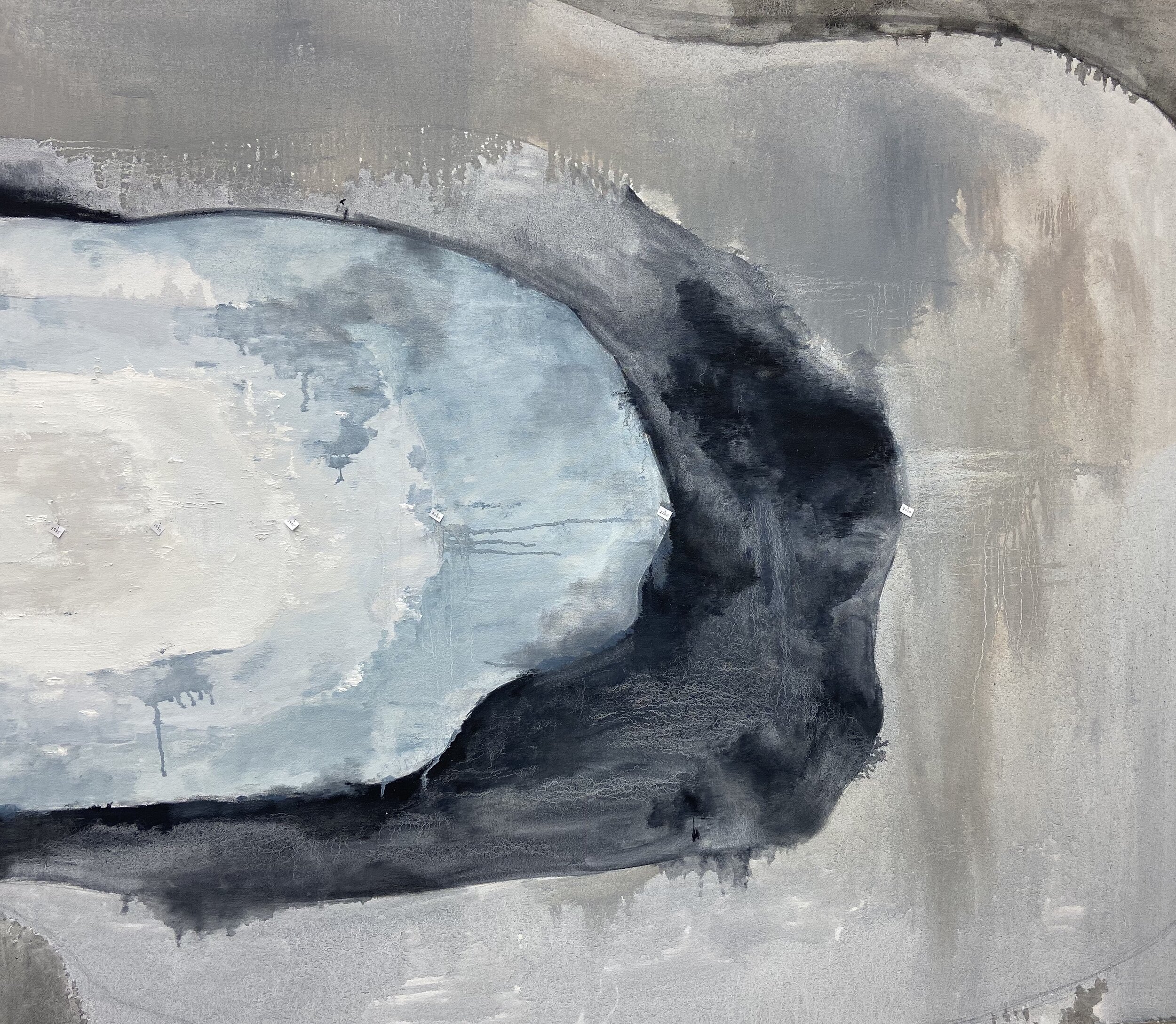 "Cumulative mass loss of all glaciers, through the years 1980-2015, from the World Glacier Monitoring Service" 2019, Oil on canvas, paper tags with dates, fishing line, 42" x 48"