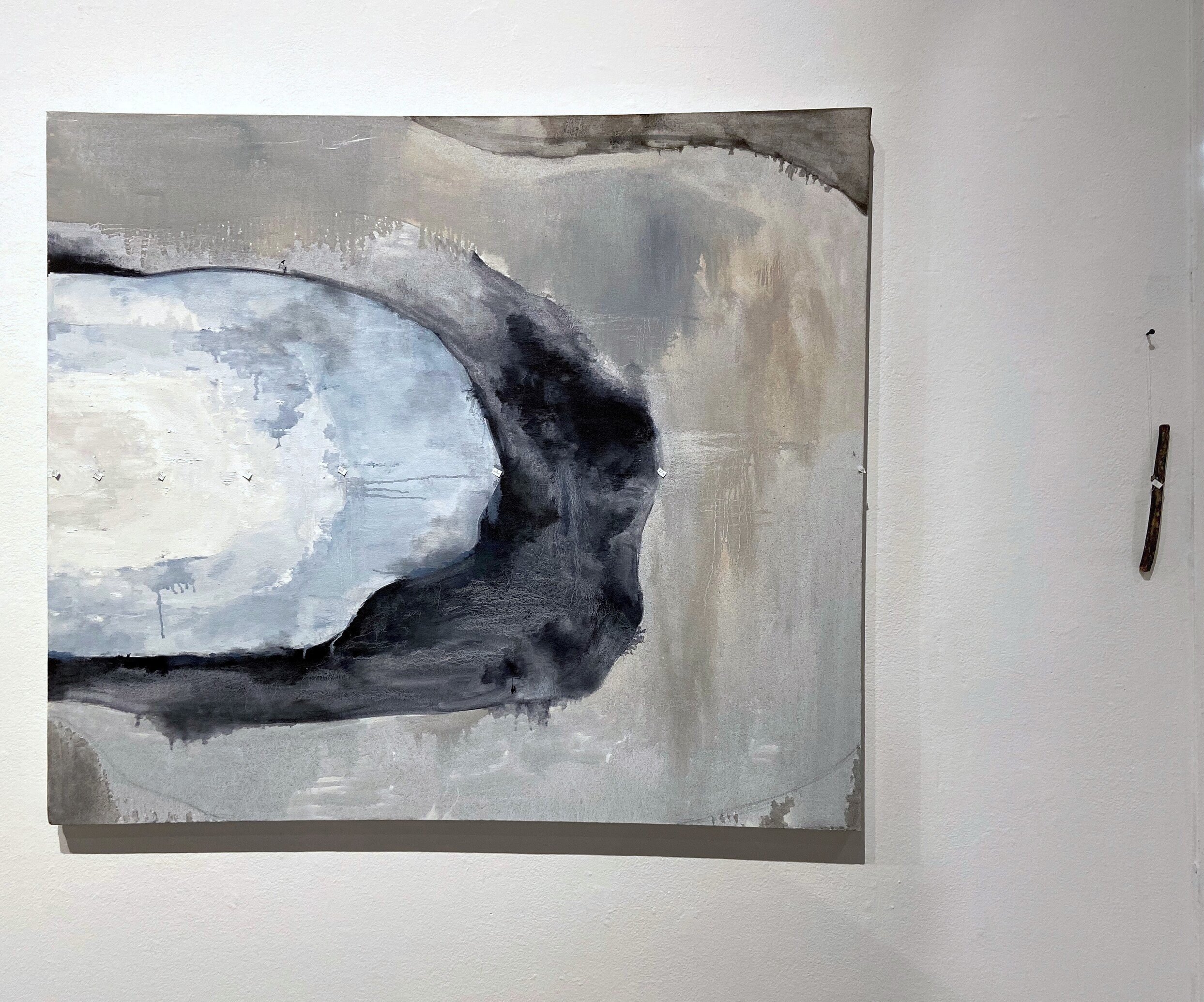 "Cumulative mass loss of all glaciers, through the years 1980-2020, from the World Glacier Monitoring Service" 2020, Oil on canvas, paper tags with dates, fishing line, stick, 42" x 64.89"