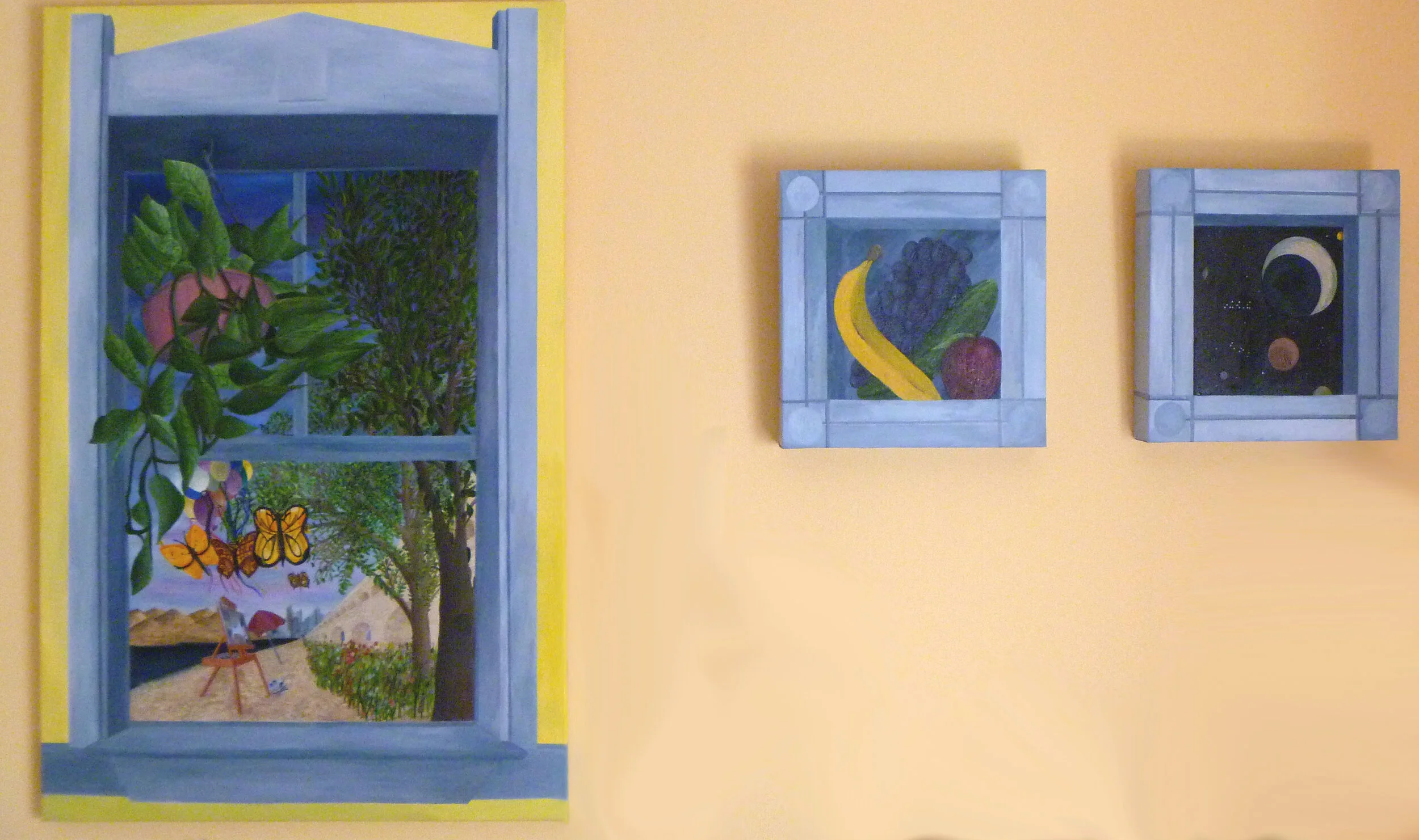 Nursery Paintings: 

Butterfly, פַּרְפַּר, бабочка. 24”x48” 61 cm x 122 cm. Oils on Canvas

Fruit for the Nursery   12”x12” 30 cm x 30 cm. Oils on Canvas

Naomi in the Sky  12”x12” 30 cm x 30 cm. Oils on Canvas
