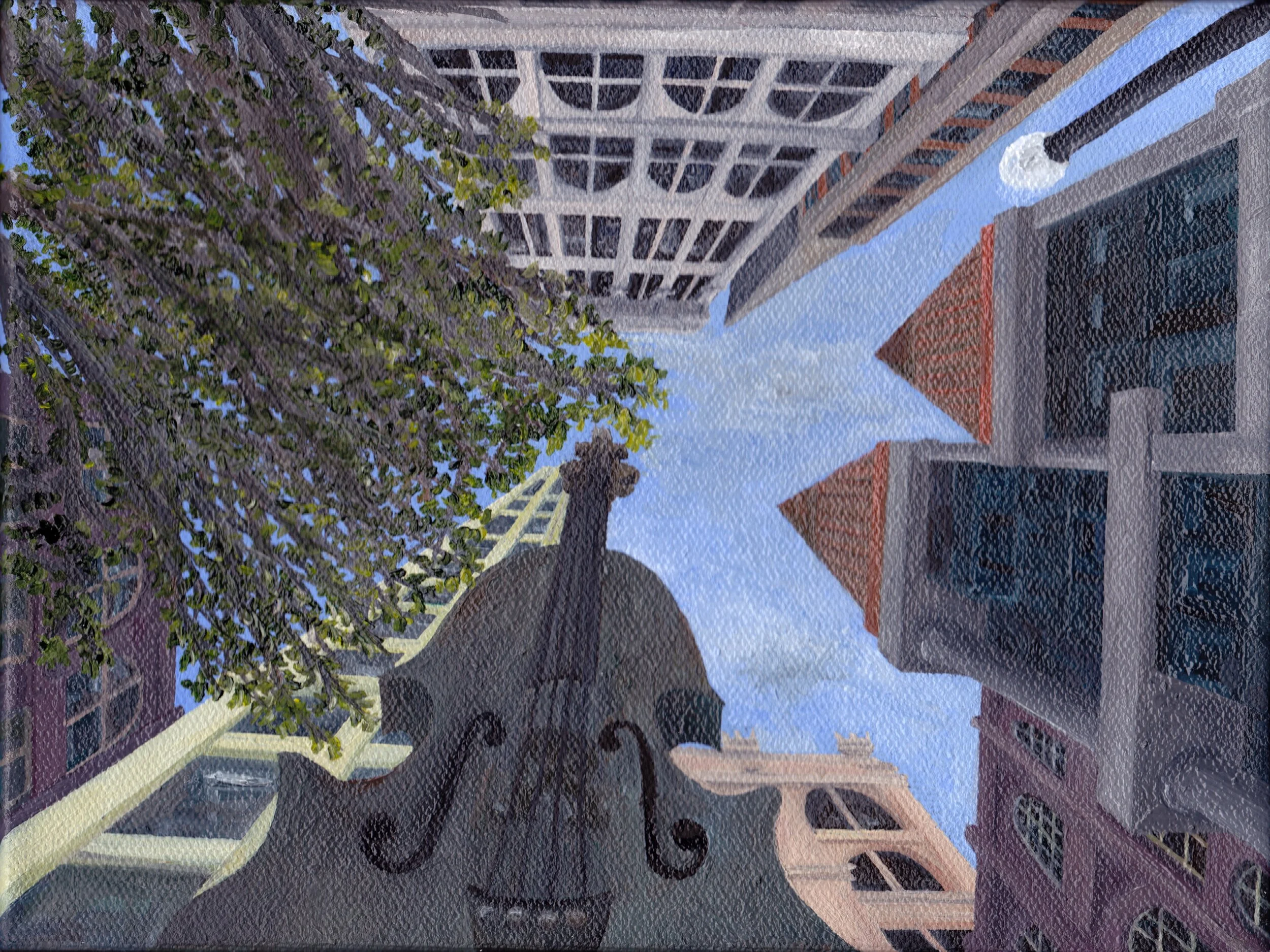 Cello Sculpture Sky
6"x8"   15 cm x 20 cm
Oils on Canvas
2011