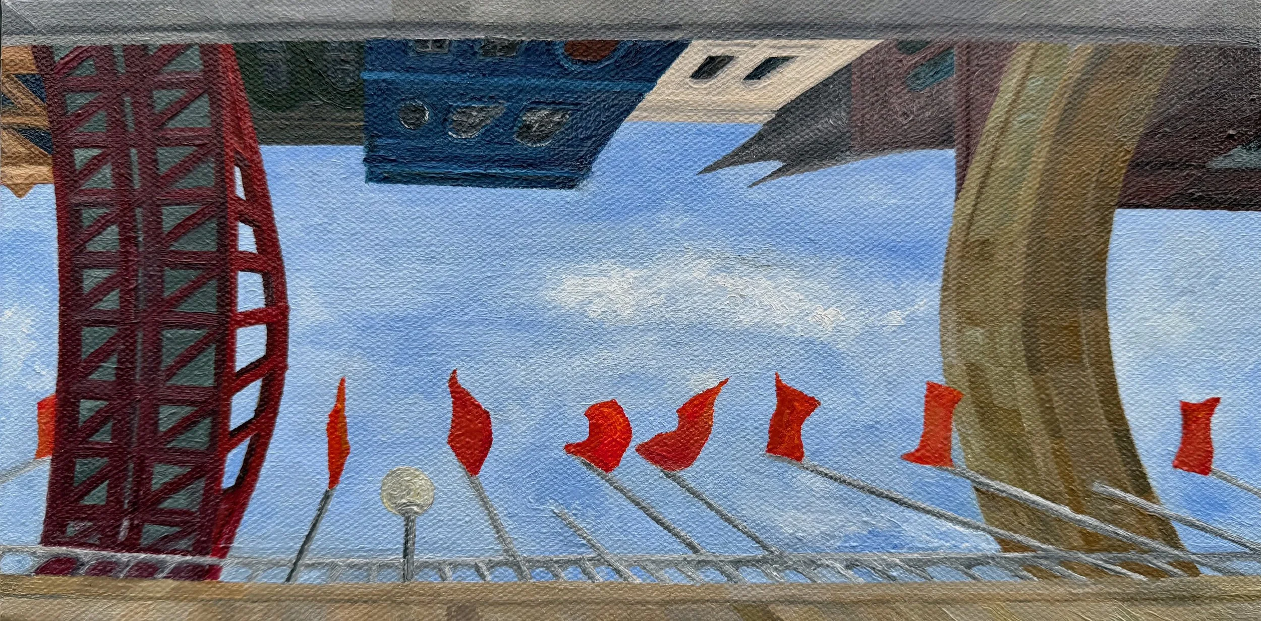 Bridging Red Flags and Low Illumination
6"x12"  15.2  cm x 30.4 cm
Oils on Canvas
2026