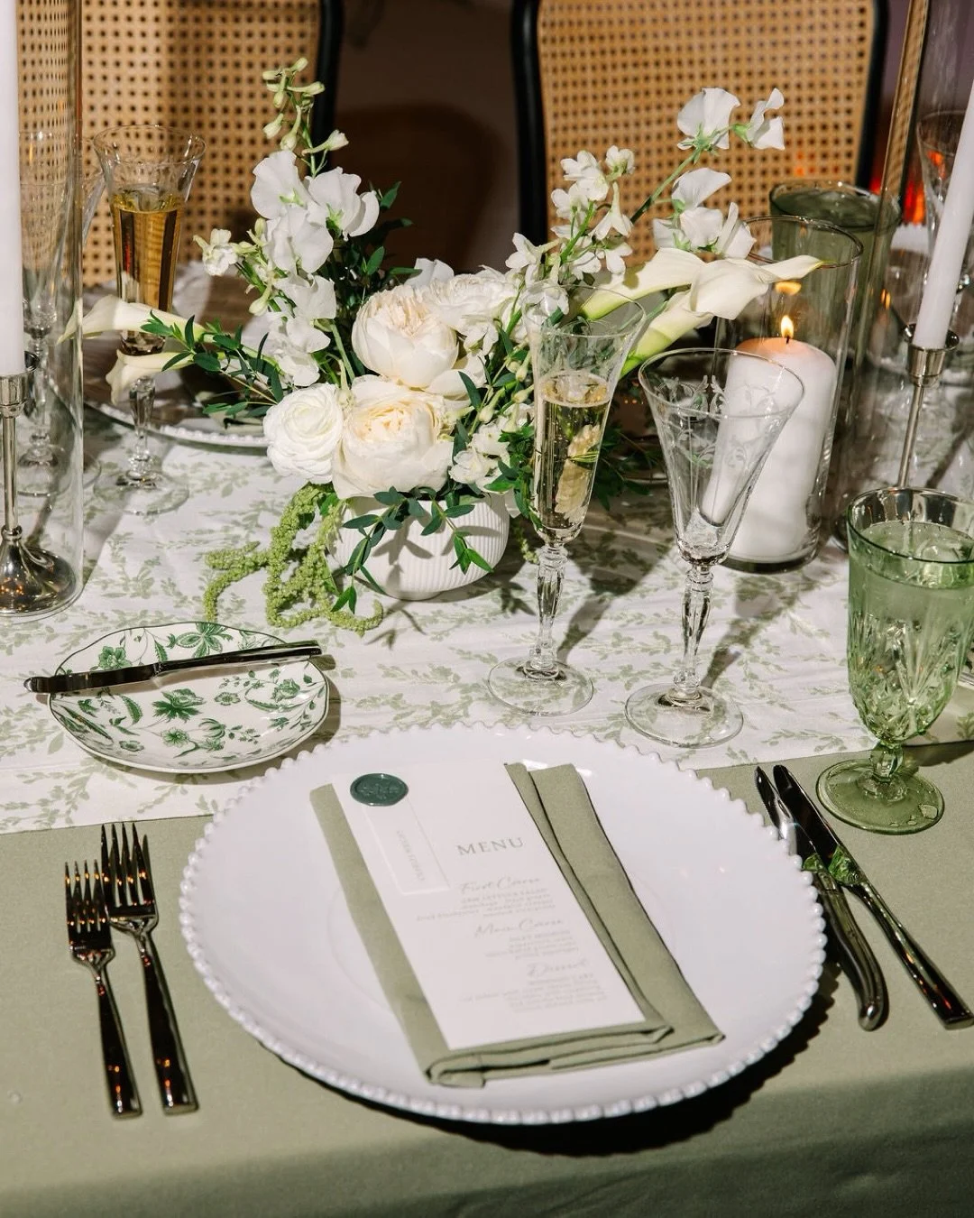 Claire &amp; Jonathan&rsquo;s wedding was made up of soft sage, layers of white florals, and a ceremony framed by the mountains of Indian Wells. We carried the garden-inspired palette from the floral arch of the ceremony to the reception tables, crea