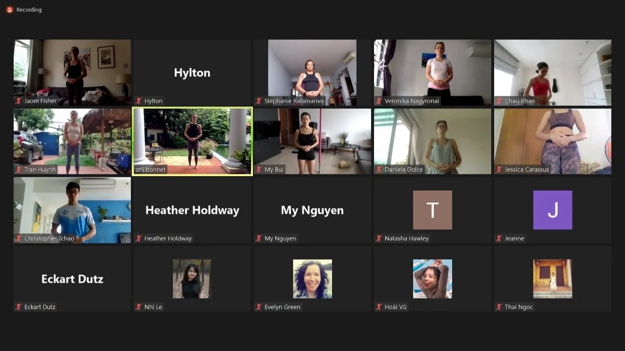 Online Taoist Qi Gong class led by Ani Petrova with participants joining from different countries.