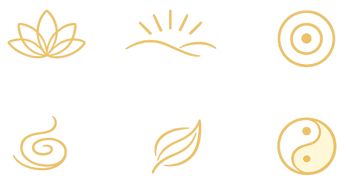 Icons representing mindfulness, nature, energy balance, breath, vitality and Yin-Yang philosophy.